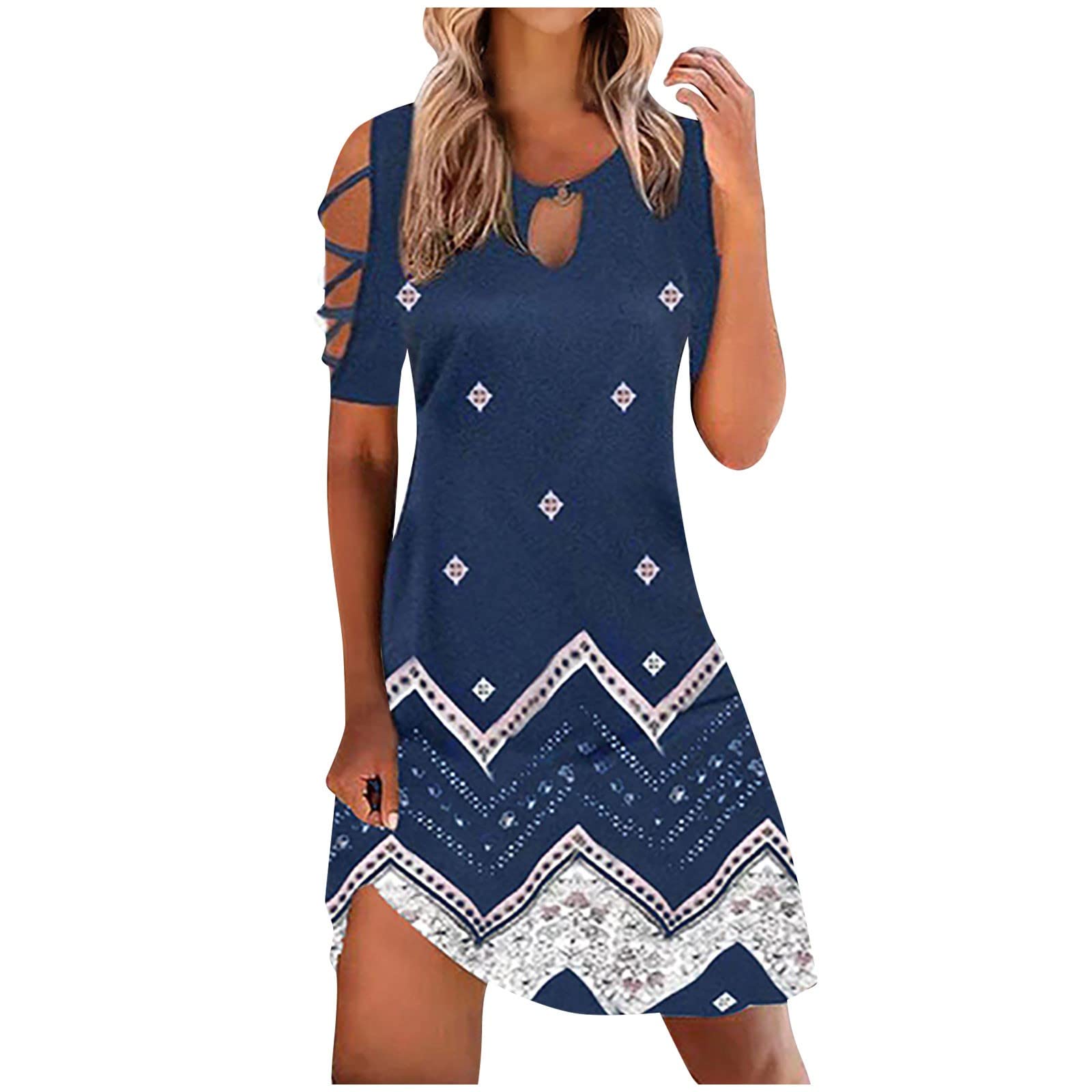 Women's Floral Print T-Shirt Dress - Casual Round Neck Short Sleeve Summer Mini Dress for Beach, Vacation & Outdoor Activities | Breathable Hollow Out Design