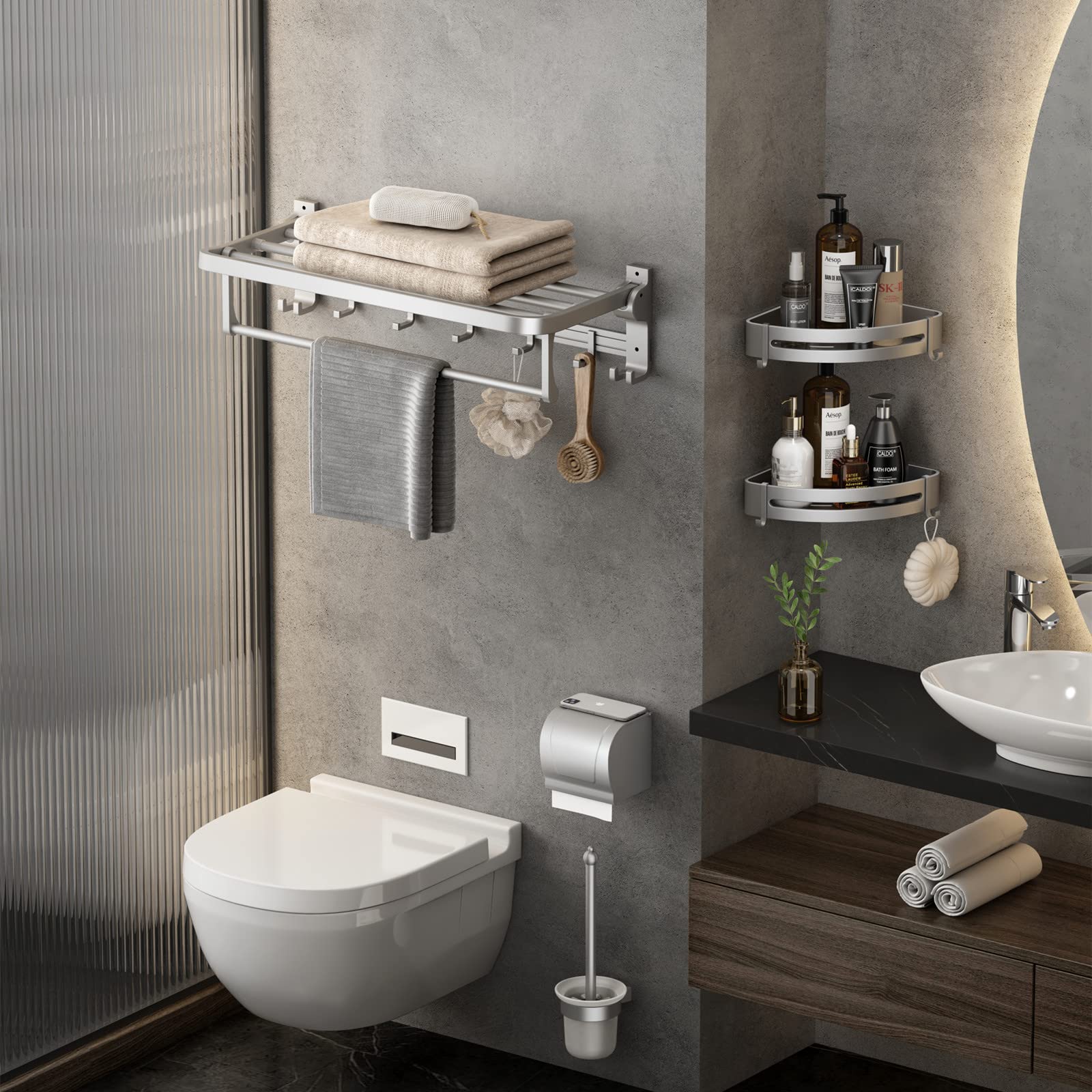 VOLPONE 24 Inch Foldable Towel Rack with Adjustable Hooks - Rustproof Wall Mounted Bathroom Towel Holder & Shelf - Perfect for Bathroom, Lavatory, and Spa Organization (Silver)