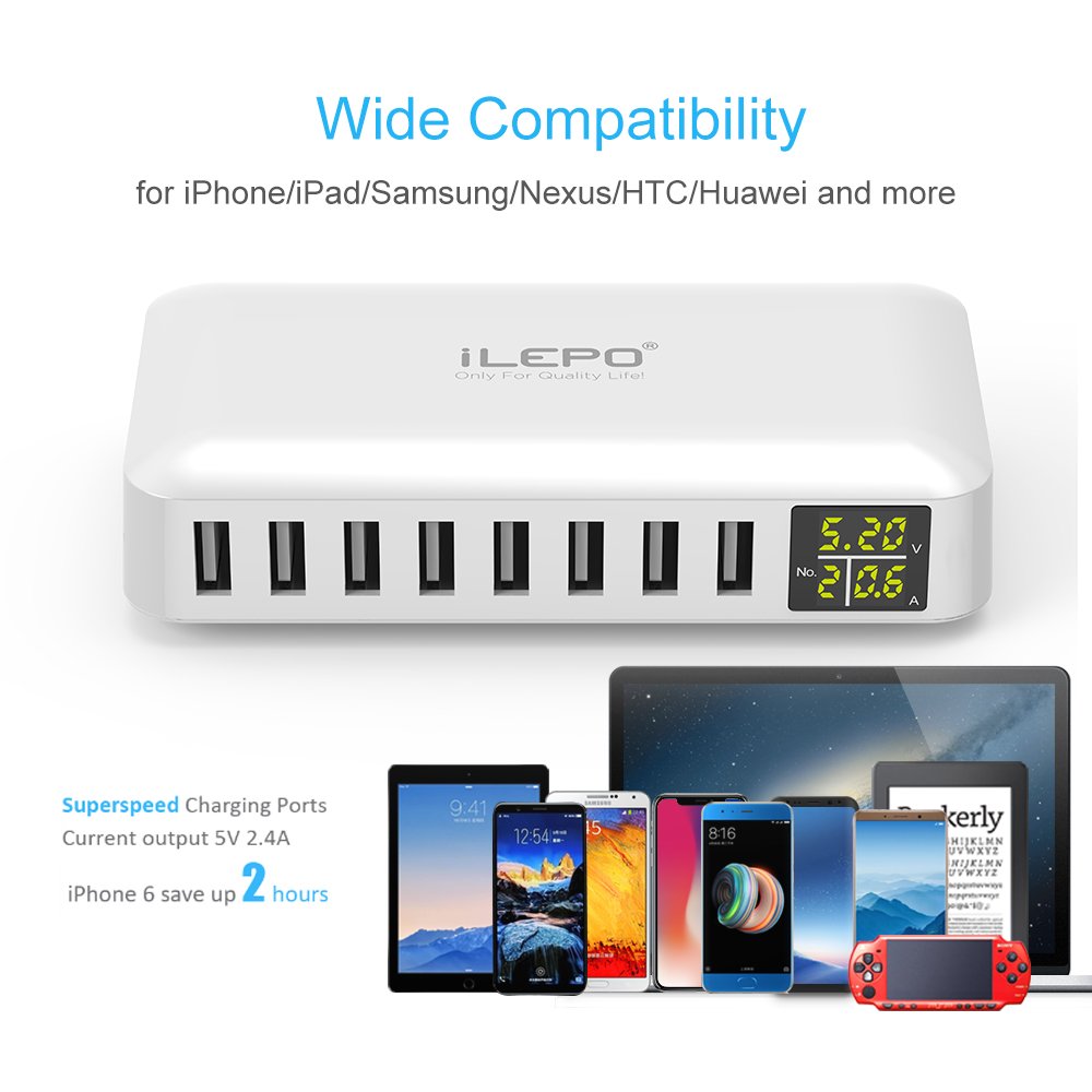 iLepo 8-Port USB Charging Station with LED Display - Fast Desktop Wall Charger for Multiple Devices (Laptops, Tablets, Phones) | Perfect for Home, Office & Travel Use
