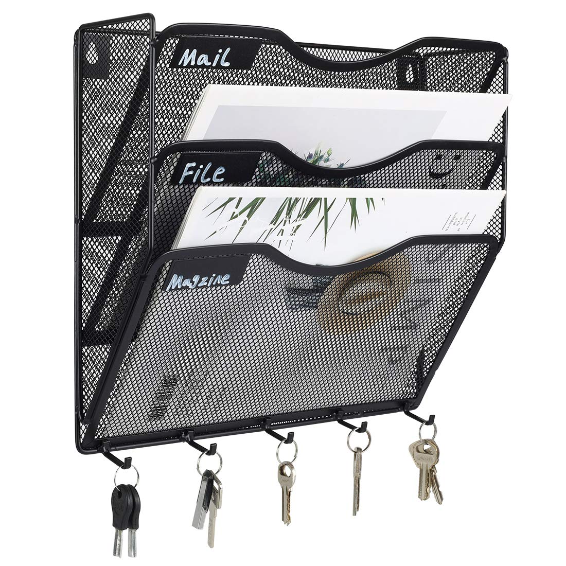 EasyPAG 3-Pocket Vertical Mesh Wall File Organizer with Key Hooks | Hanging Document Holder for Office, Home & Classroom | Includes Writing Labels (Black) - Perfect for Desk Organization, Mail Sorting & School Supplies Storage