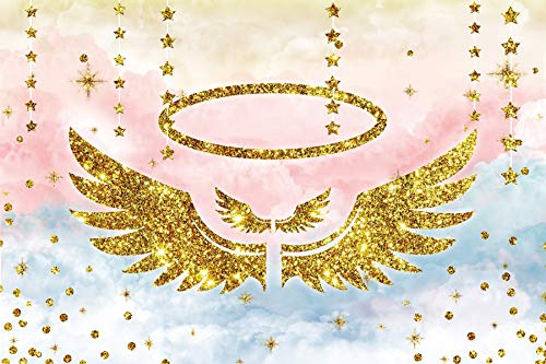 5x3ft Glittering Golden Angel Wing Photography Backdrop - Sparkly Birthday Party Background for Kids, Baby Shower, Newborn Photos - Golden Stars & Pink Clouds Decor for Portraits, Christenings, and Special Events
