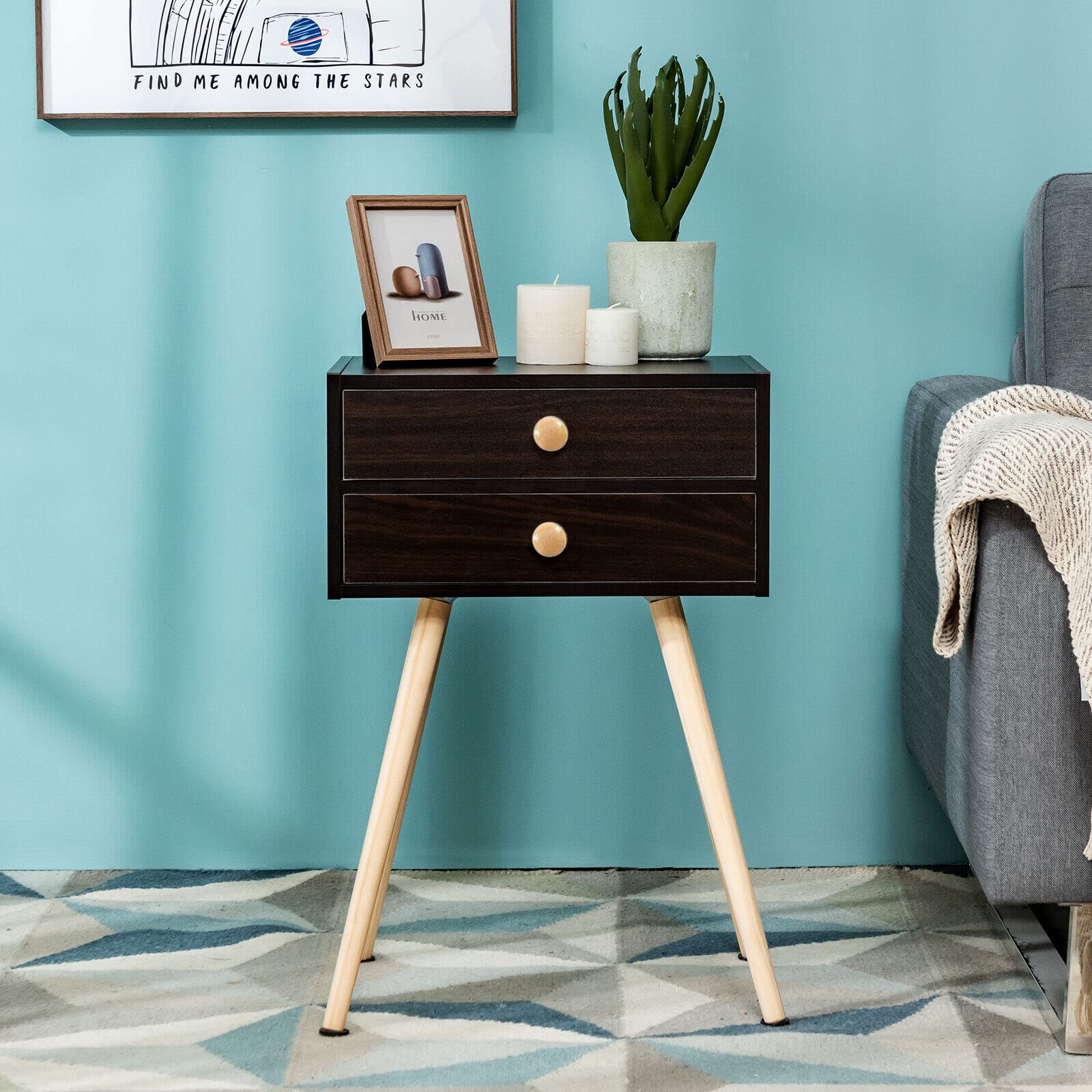 Mid Century Modern Nightstand with 2 Drawers & Solid Wood Legs - Compact Bedside Table for Small Spaces - Espresso Finish End Table for Bedroom & Living Room - Perfect for Storage & Home Decor