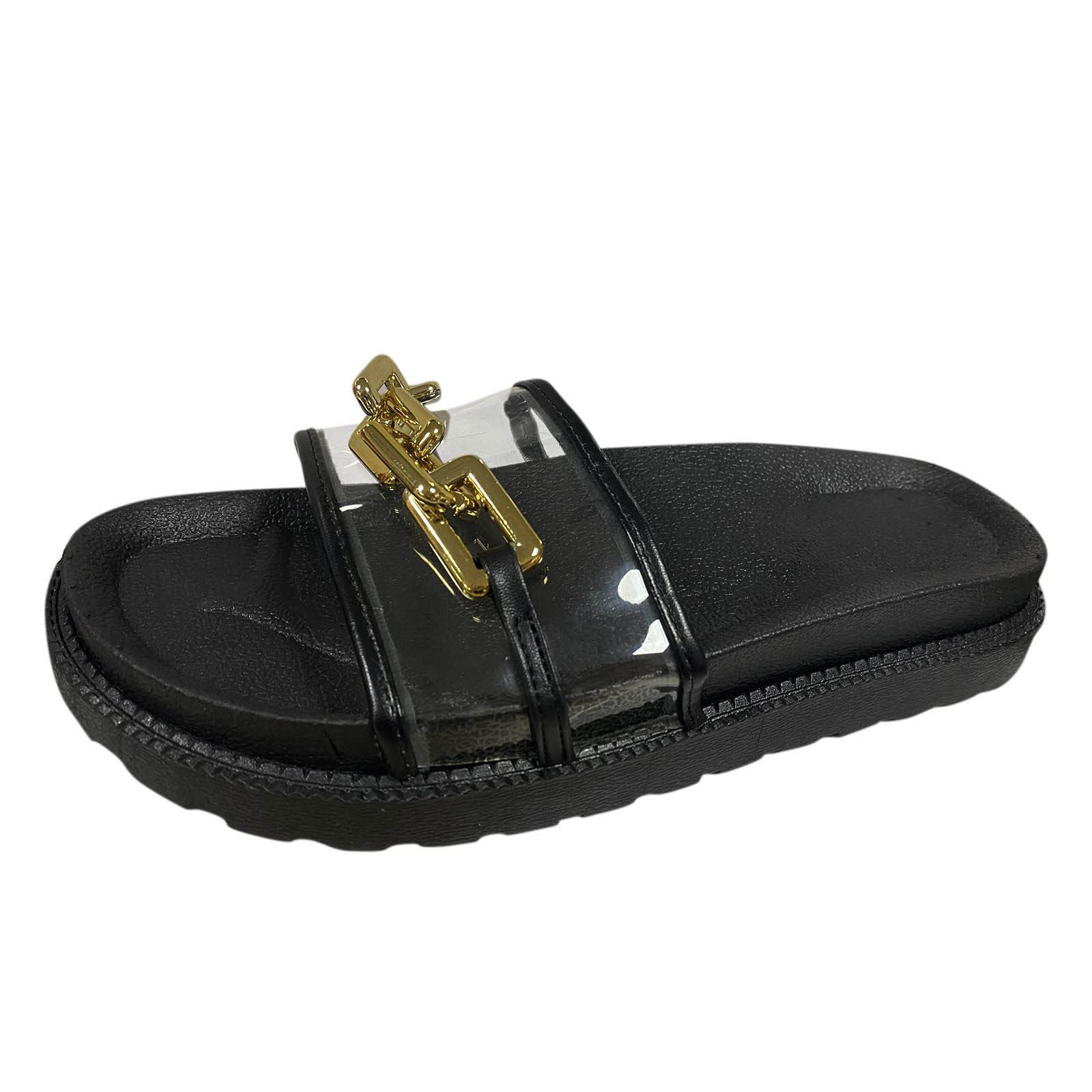 Women's Fashion Solid Color Chain Decor PVC Thick Sole Beach Slides - Comfortable Summer Sandals for Pool, Vacation & Outdoor Wear