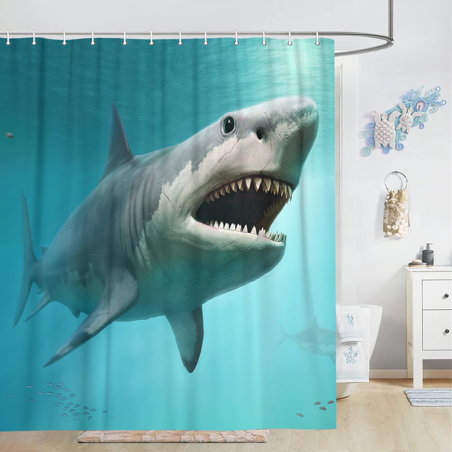 3D Shark Ocean Themed Shower Curtain - Underwater World Sea Animal Print Polyester Bathroom Decor with Hooks (69x70 Inches) - Perfect for Beach House, Kids' Bathroom & Ocean Lovers' Home Decor
