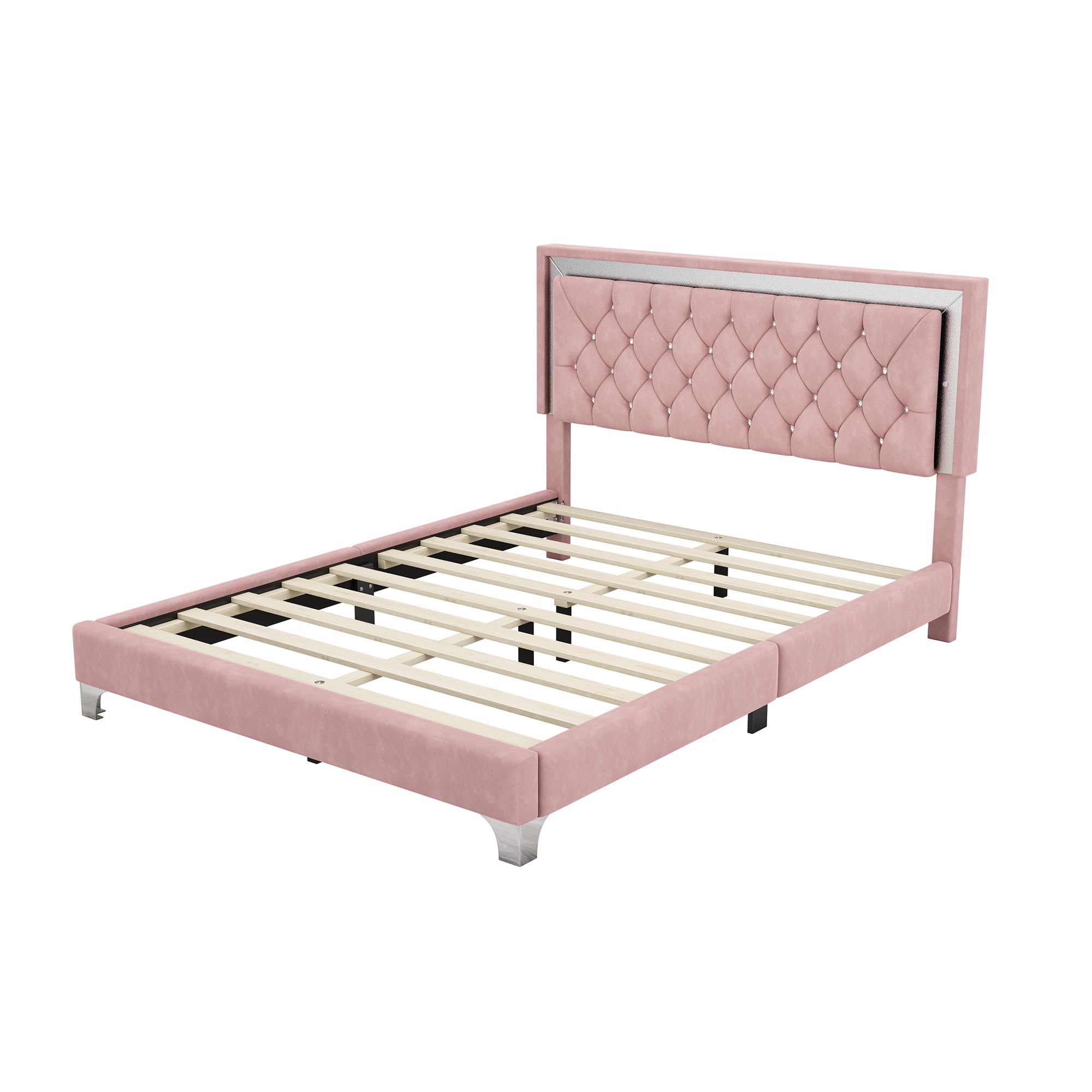 3-Piece Queen Size Upholstered Platform Bed Set with LED Lights & Nightstands - Pink Bedroom Furniture for Modern Master Suite & Guest Room Decor