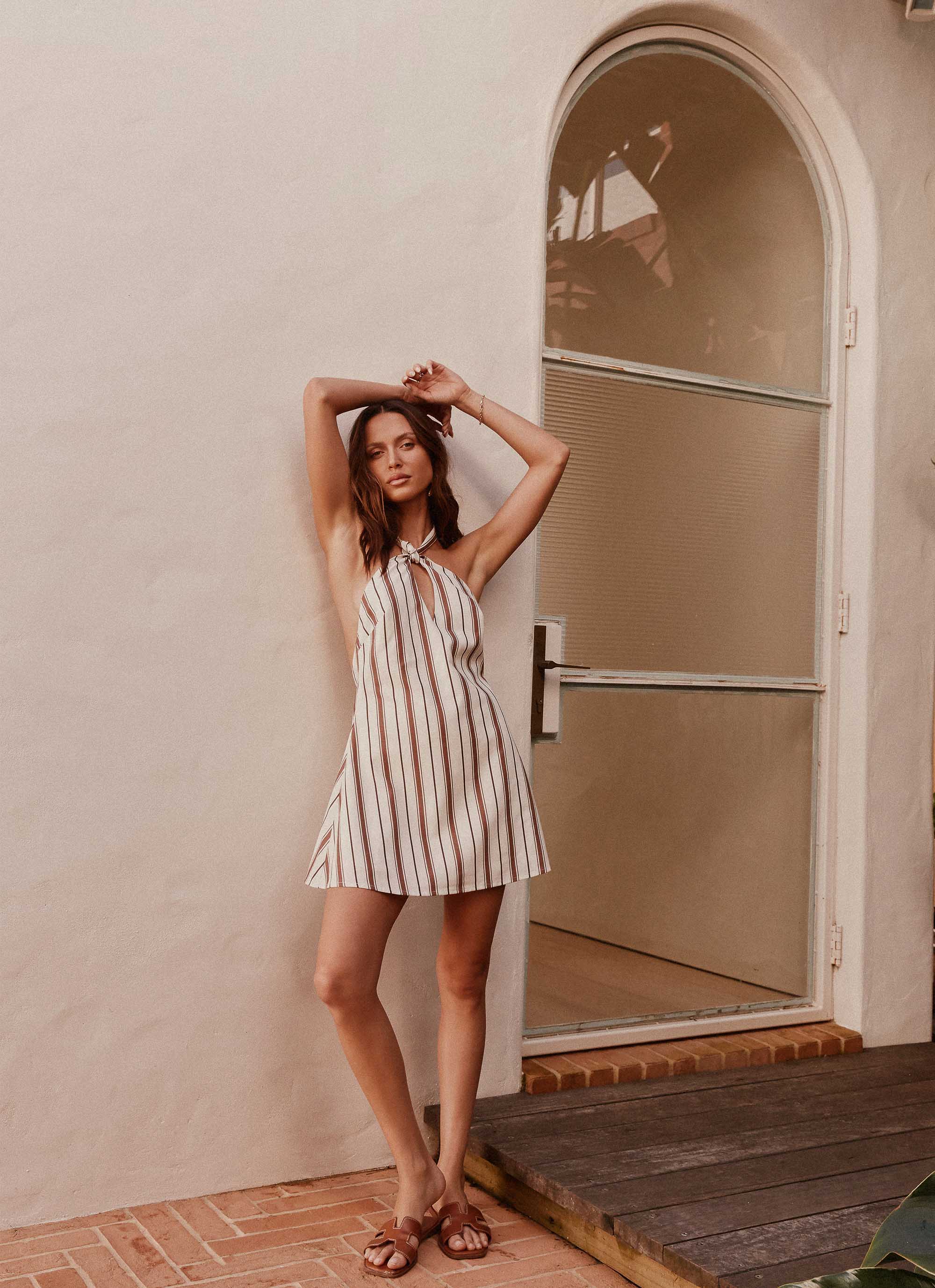 Counting Stars Linen Halterneck Dress - Brown Stripe Summer Beach Dress for Women, Boho Chic Vacation Outfit, Casual Sundress for Pool Party & Date Night