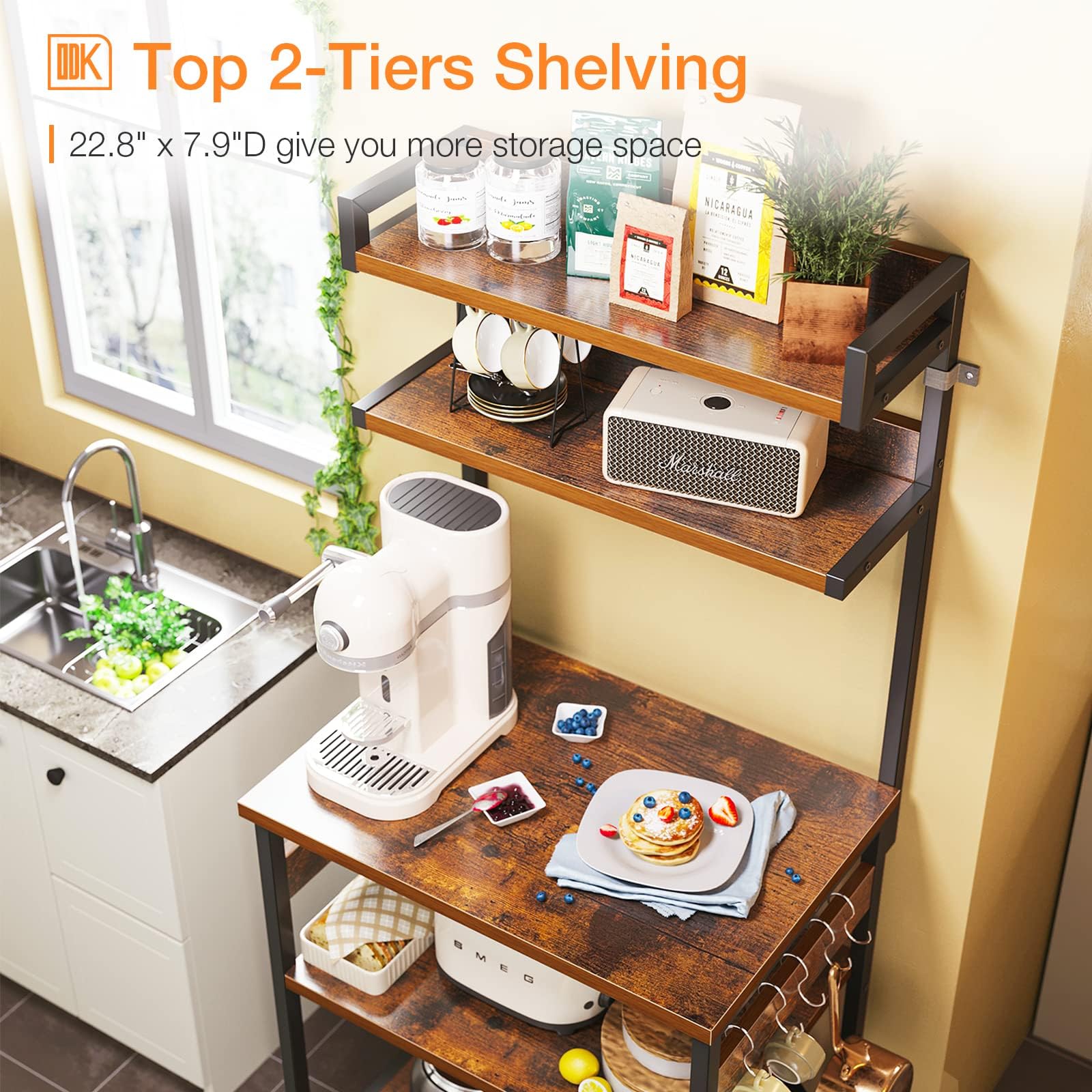 5-Tier ODK Bakers Rack with Power Outlet & Storage - Rustic Brown Kitchen Shelf (16.5x23.6x59 inches) - Perfect for Coffee Bars, Microwave Stands & Small Kitchen Organization