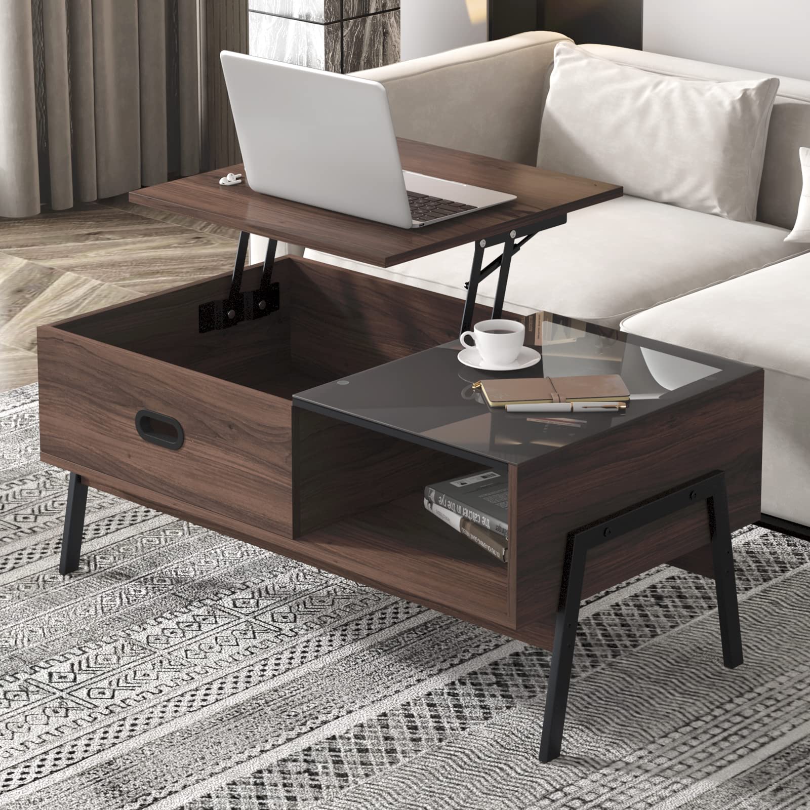 Soges Lift Top Coffee Table with Storage - Rustic Brown Wooden Raisable Coffee Table for Living Room, Sofa, and Lounge - Perfect for Small Spaces and Home Decor