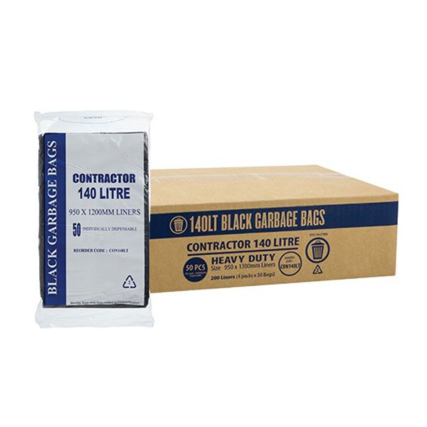 140Lt Heavy Duty Black Trash Bags for Contractors - Extra Large Garbage Bags for Construction Sites, Home Renovation & Commercial Use