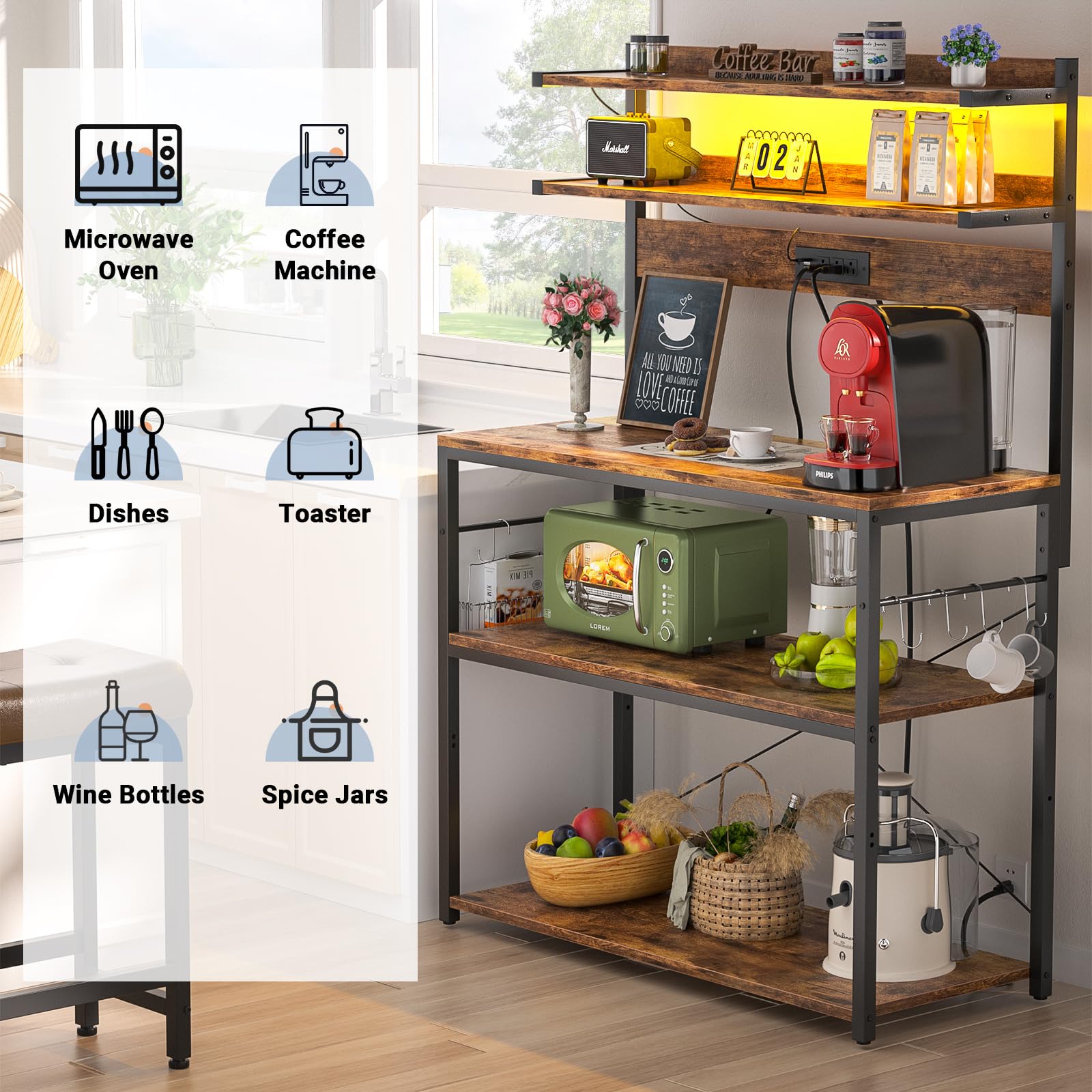Aheaplus 5-Tier Bakers Rack with Power Outlet & LED Lights - Microwave Stand, Coffee Bar Station, Kitchen Storage Shelf with 6 S-Hooks - Rustic Brown - Perfect for Small Kitchens, Coffee Bars & Pantry Organization