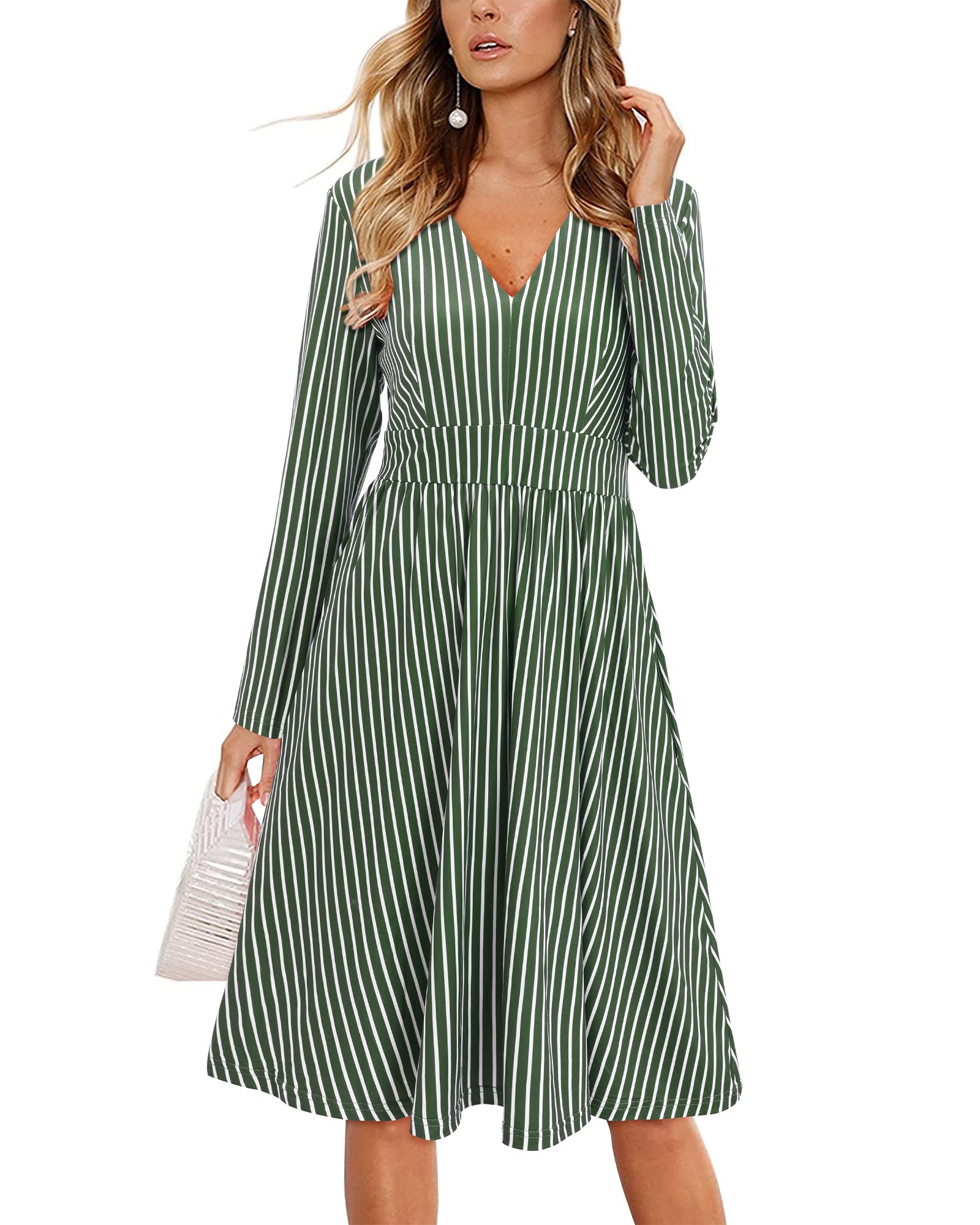 UltraNice Women's Casual V-Neck Swing Midi Dress with Pockets - Flowy Summer Dress for Beach, Office & Date Night