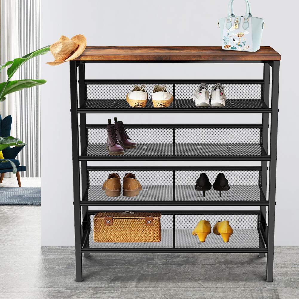 Industrial Shoe Rack - Adjustable 5-Tier Country Style Shoe Storage Organizer with 4 Mesh Shelves | Perfect for Entryway, Living Room, Bedroom & Porch Organization | Sturdy Brown Shoe Shelf for Home & Office Use