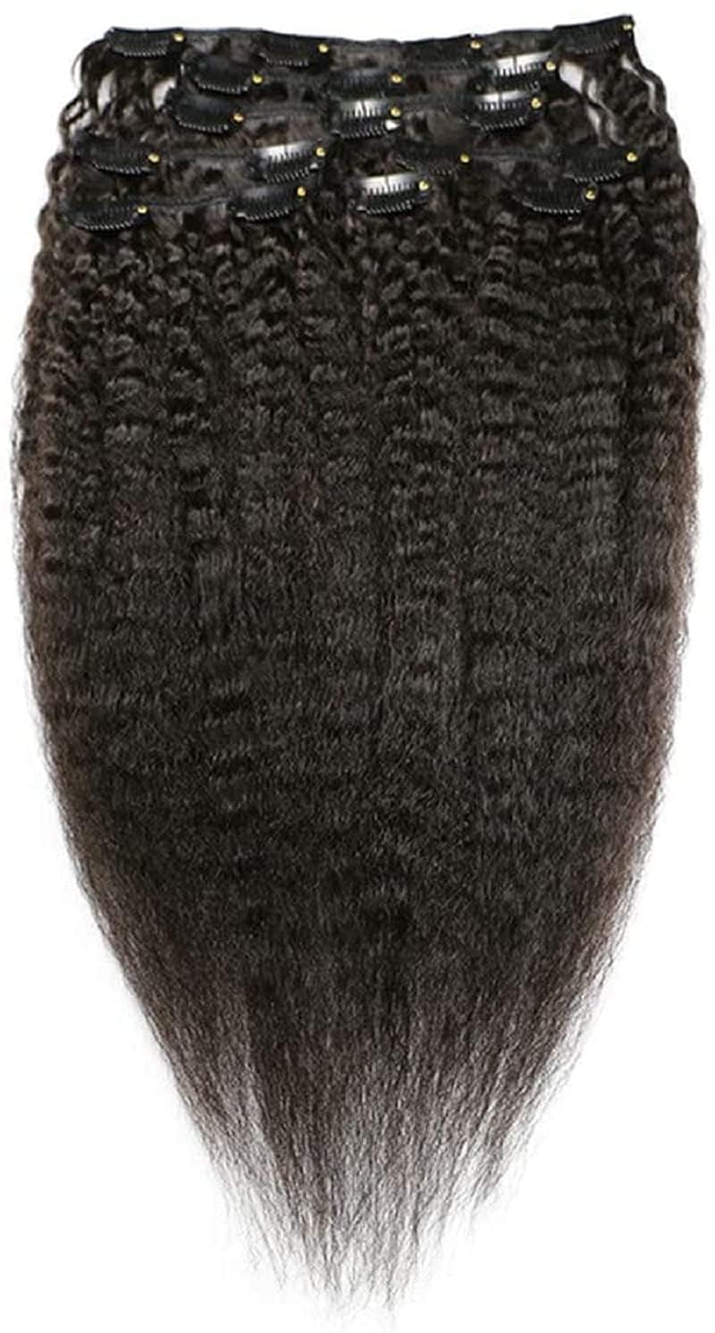 30 Inch Long Kinky Straight Clip-in Human Hair Extensions - 100% Brazilian Remy Hair, Natural Black Color, Coarse Italian Yaki Texture - 100-150g Full Head Weft (Perfect for Parties, Weddings & Daily Styling)