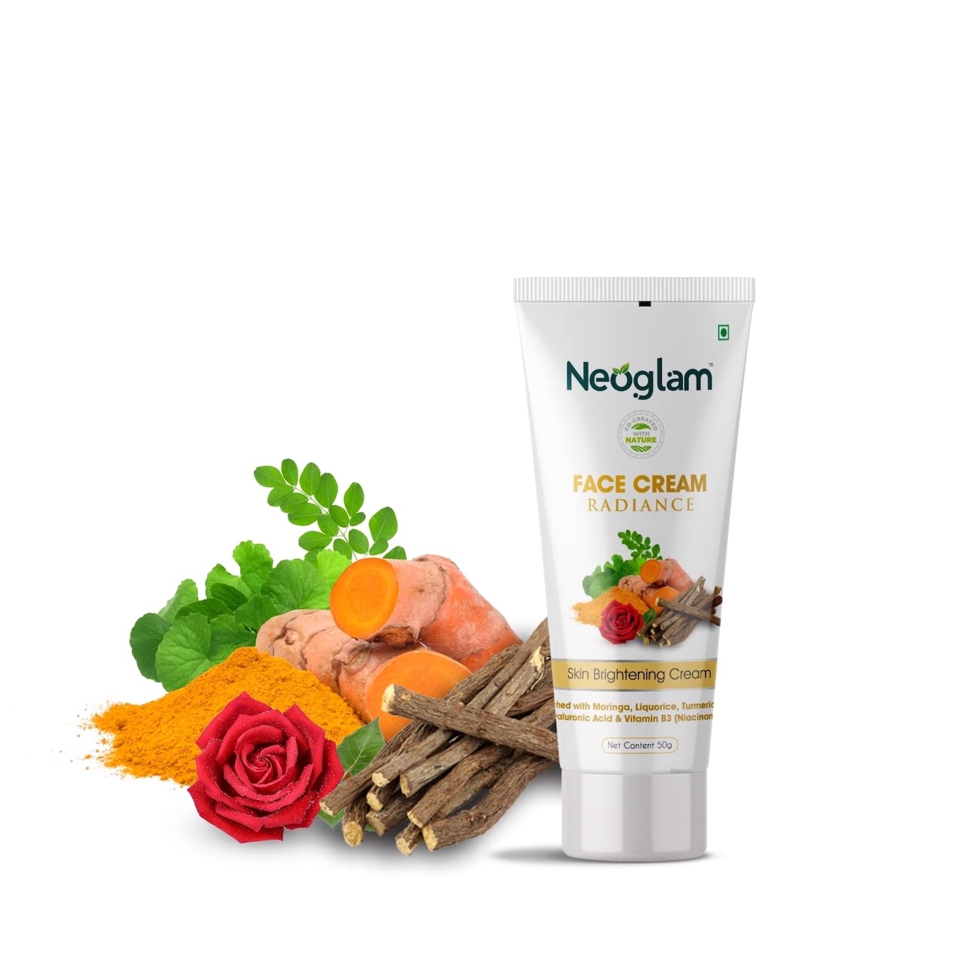 Neoglam Brightening Face Cream with Niacinamide & Hyaluronic Acid - Hydrating, Depigmenting & Acne Treatment (50g) | Turmeric, Licorice, Rose & Moringa Extract | Paraben & Sulfate Free | For Glowing Skin & Dark Spot Reduction | Perfect for Daily Skincare Routine & Nighttime Moisturizing