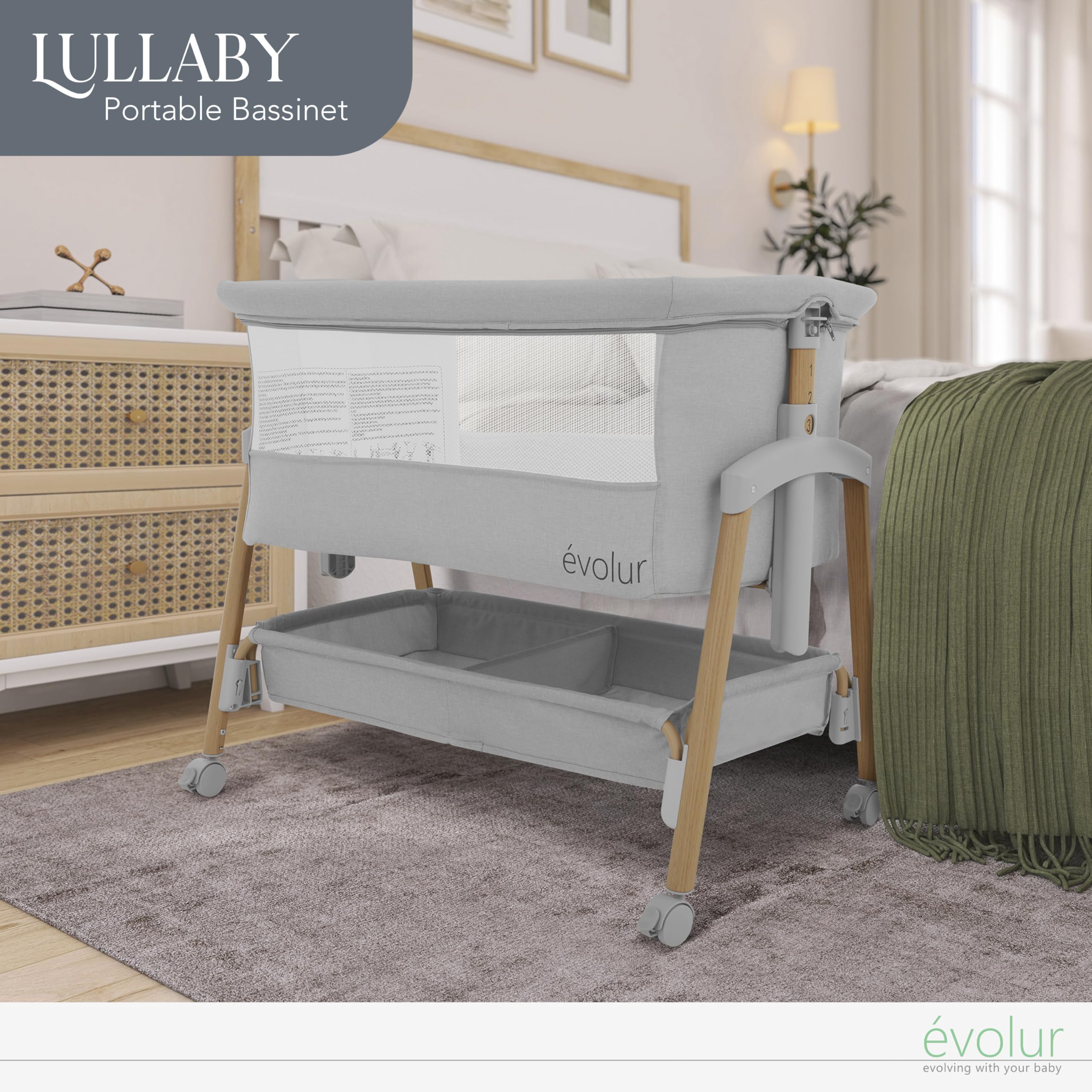 Evolur Lullaby Portable Baby Bassinet with Wheels - 7 Adjustable Heights, Breathable Mesh Sides, Large Storage Basket - Easy Fold & Carry for Travel - Perfect for Nursery, Bedroom & On-the-Go Parents (Includes Travel Bag)