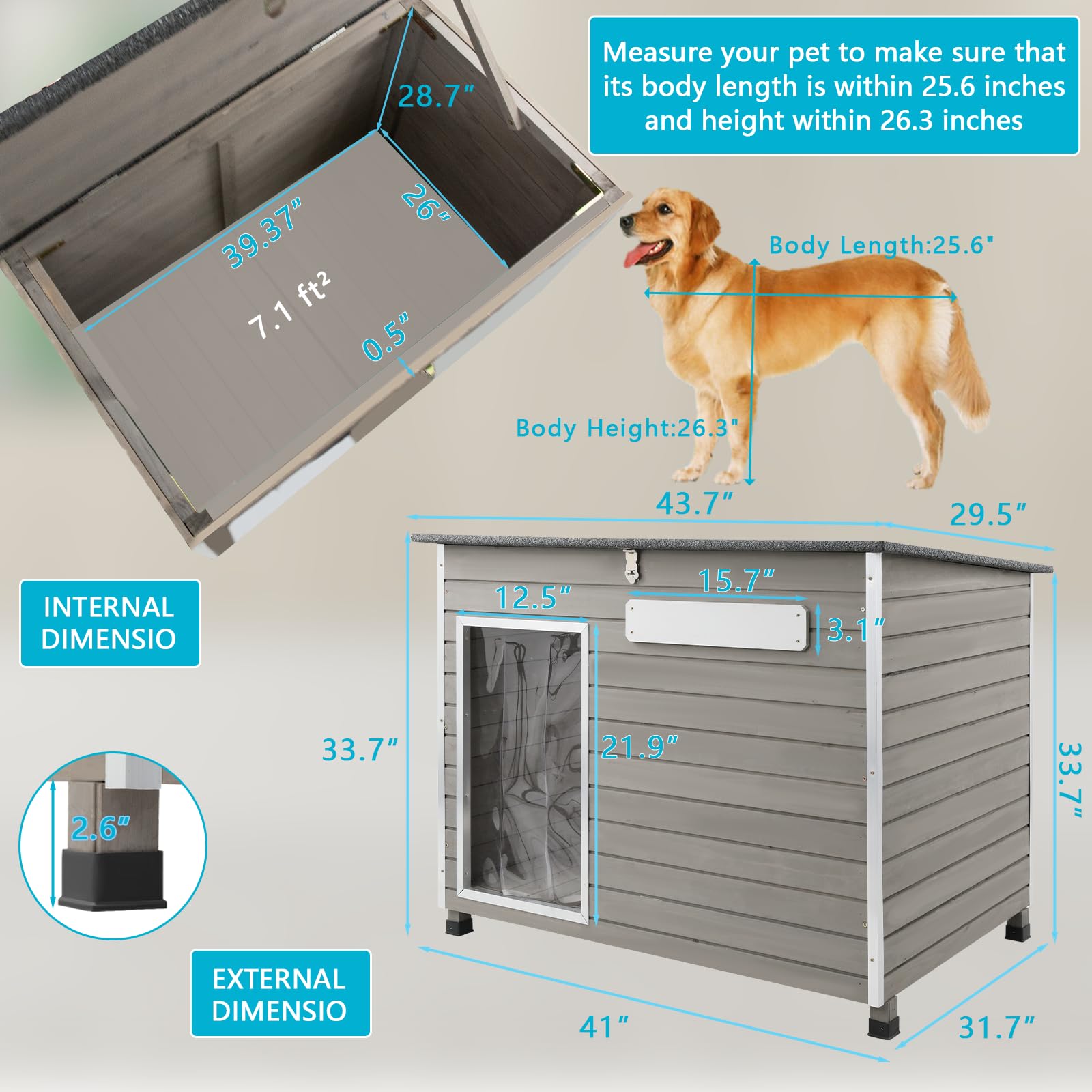Outdoor & Indoor Wooden Dog House for Medium to Large Dogs - 43.6