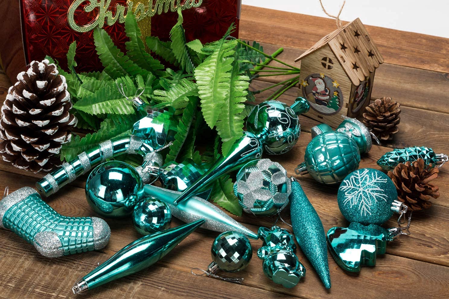 54-Piece Assorted Christmas Ornaments Set - Turquoise Blue Tree Decorations with Gift Box | Holiday Home Decor, Xmas Party & Festive Gift Idea