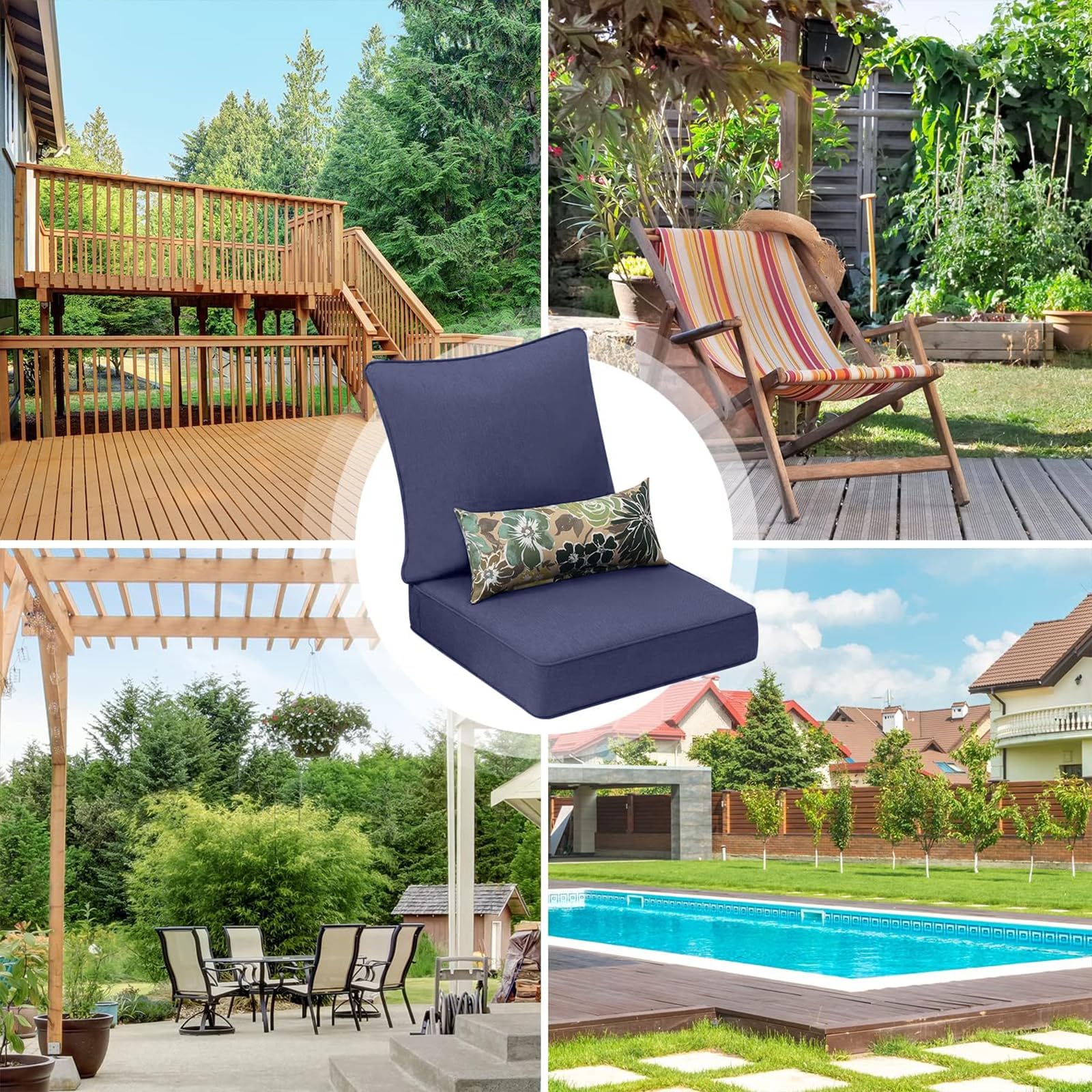 Aoodor 24x24 Inch Outdoor Deep Seat Cushion Set - Waterproof Olefin Fabric with High-Density Foam, Navy Blue (2 Seat Cushions, 2 Back Cushions, 2 Lumbar Pillows) - Perfect for Patio Furniture, Garden Chairs, and Poolside Lounging