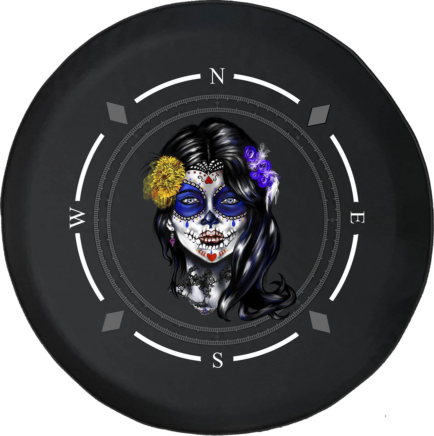 Premium Spare Tire Cover with Compass & Sugar Skull Design - Universal Fit for SUVs, Trailers, RVs & Most Vehicles - Durable Wheel Protection for Outdoor Adventures & Road Trips
