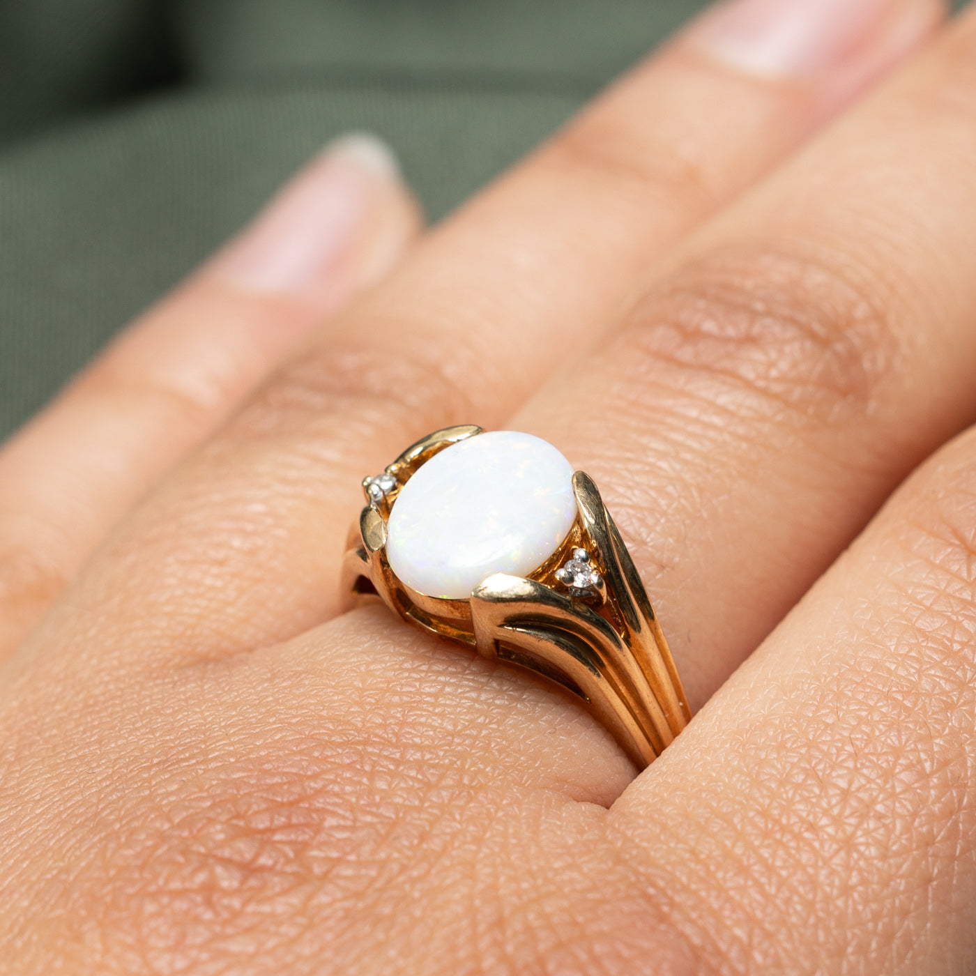 Opal & Diamond Grooved Tapered Ring - 1.52ct Opal with 0.03ctw Diamonds - Size 8.75 - Elegant Wedding Band, Anniversary Gift for Her, Unique Handmade Jewelry for Special Occasions