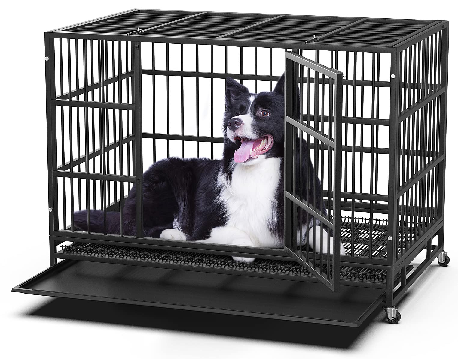 **Weleaf 48/38 Inch Heavy Duty Dog Crate - Indestructible Dog Cage with Wheels for Large Dogs, Double Door & Removable Tray - XL XXL Kennel for Indoor Use, Travel & Anxiety Relief**