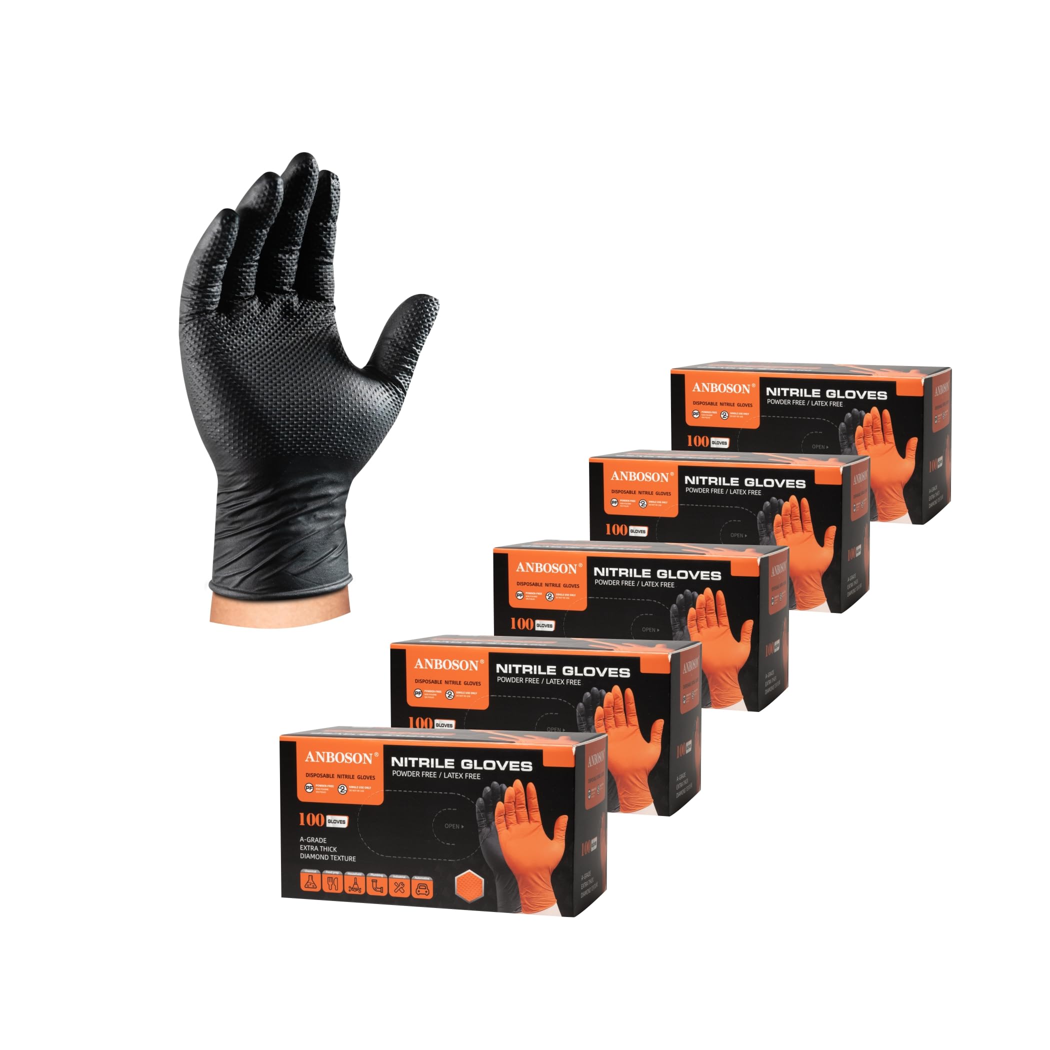 10mil Nitrile Disposable Gloves - Black, Chemical Resistant, Heavy Duty, Latex Free with Diamond Grip - Ideal for Mechanics, Cleaning, Food Handling & Medical Use