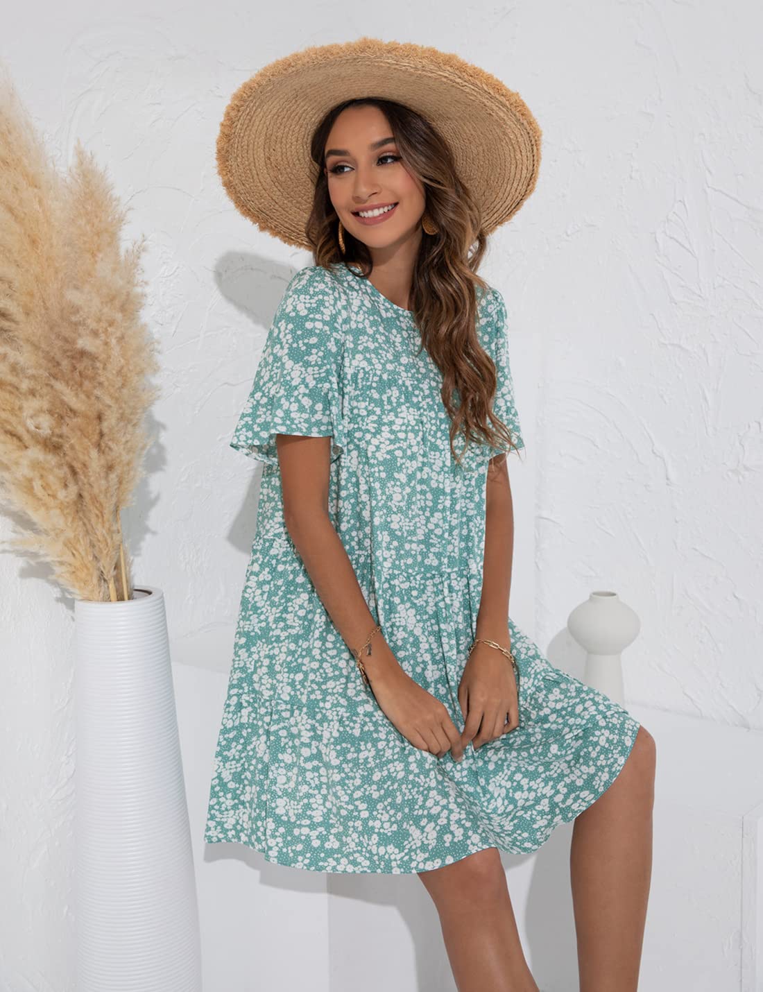 Locachy Women's Summer Floral Print Ruffle Sleeve Pleated Mini Dress - Casual Round Neck Sundress for Beach, Vacation & Date Night