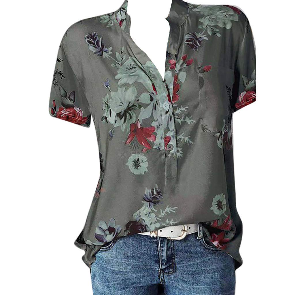 GQFDBS Women's Hawaiian Button-Down Shirt - Floral Print Loose Fit V-Neck Short Sleeve Blouse with Pocket | Beach Vacation, Summer Outfits, Casual Wear