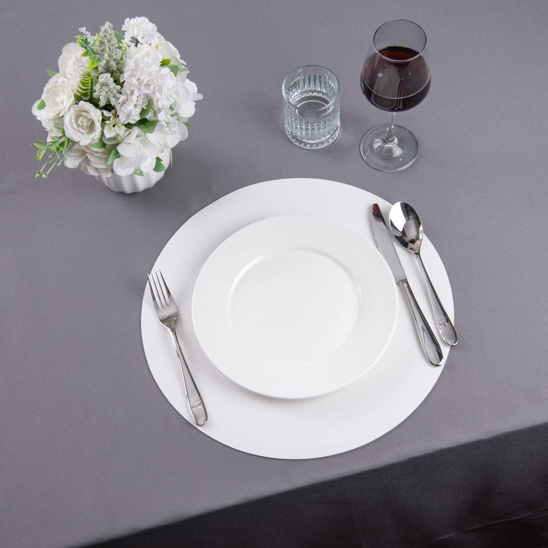 16 Inch Round Vinyl Placemats Set of 6 - Stain-Resistant White Table Mats with Embossed Leather-Like Texture for Dining Tables, Kitchen Countertops & Restaurants - Surface Protection & Easy Clean