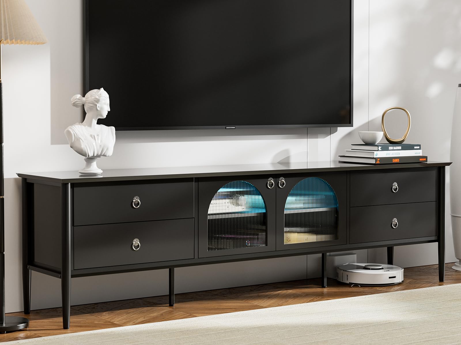 Premium Glass LED TV Stand for 85+ Inch TVs - Modern Entertainment Center with 2 Glass Doors, 4 Storage Drawers & Ambient Lighting - Black TV Console Table for Living Room & Bedroom - Perfect for Home Theater Setup & Stylish Home Decor