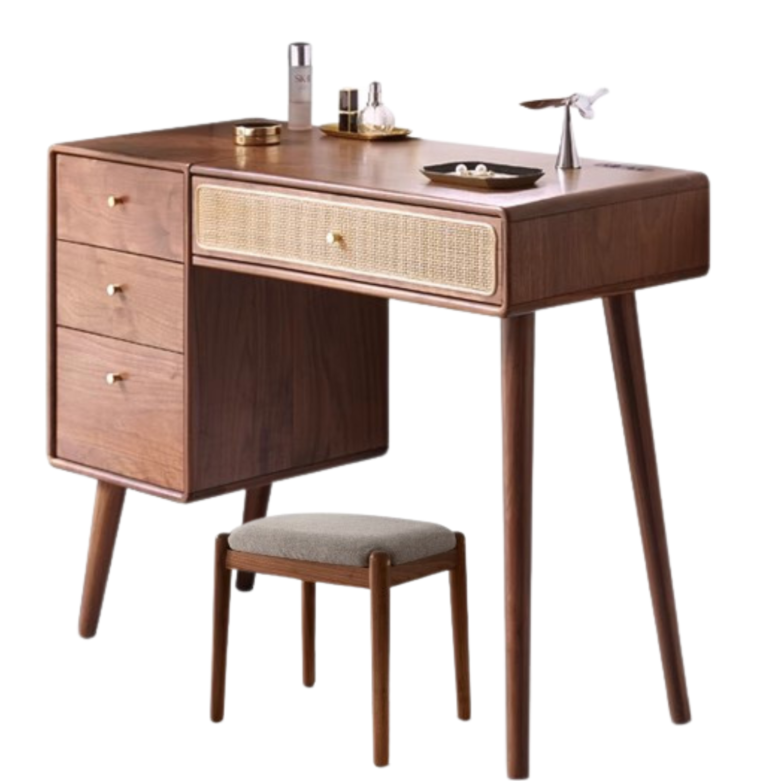 Premium Black Walnut Solid Wood Rattan Vanity Dressing Table - Elegant Makeup Desk with Mirror for Bedroom, Bathroom & Boudoir Organization