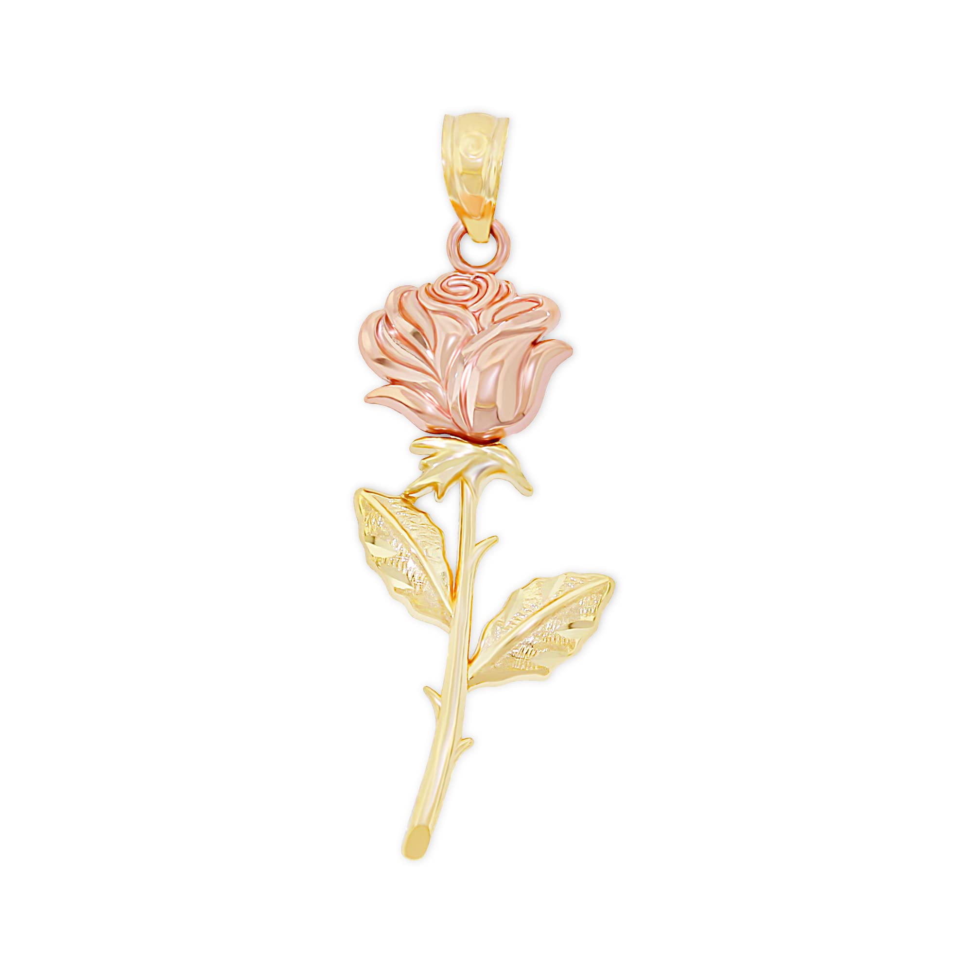 10K Solid Yellow & Rose Gold Long Stem Rose Charm Pendant - Elegant Rose Flower Dangle Charm for Necklace - Perfect Mother's Day Gift & Birthday Present for Women - Jewelry for Special Occasions, Anniversaries, Valentine's Day & Romantic Dates
