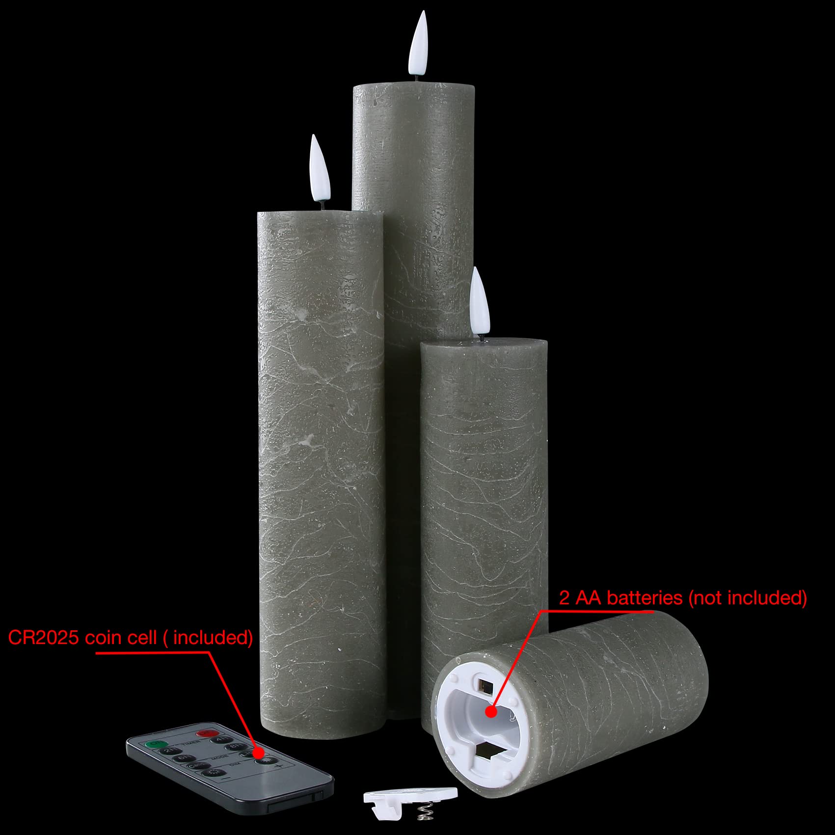 Realistic Grey Slim Flameless LED Pillar Candles with Remote - Battery Operated Flickering Wax Candles Set of 4 for Home Decor, Wedding Centerpieces & Romantic Dinner Ambiance