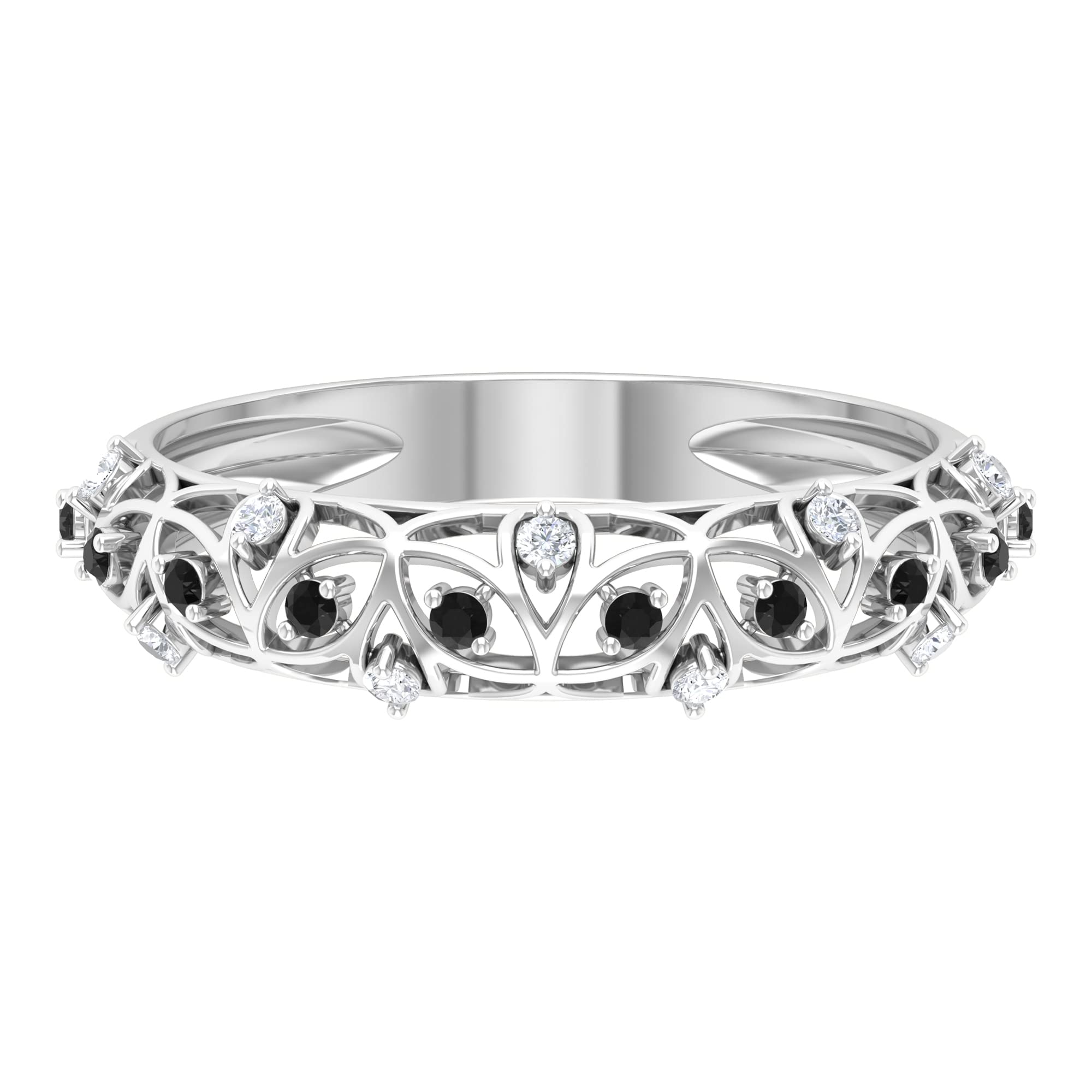 1/4 CT Black Spinel & Diamond Filigree Band Ring - 14K Solid Gold AAA Quality - Elegant Wedding, Anniversary & Gift Jewelry for Women