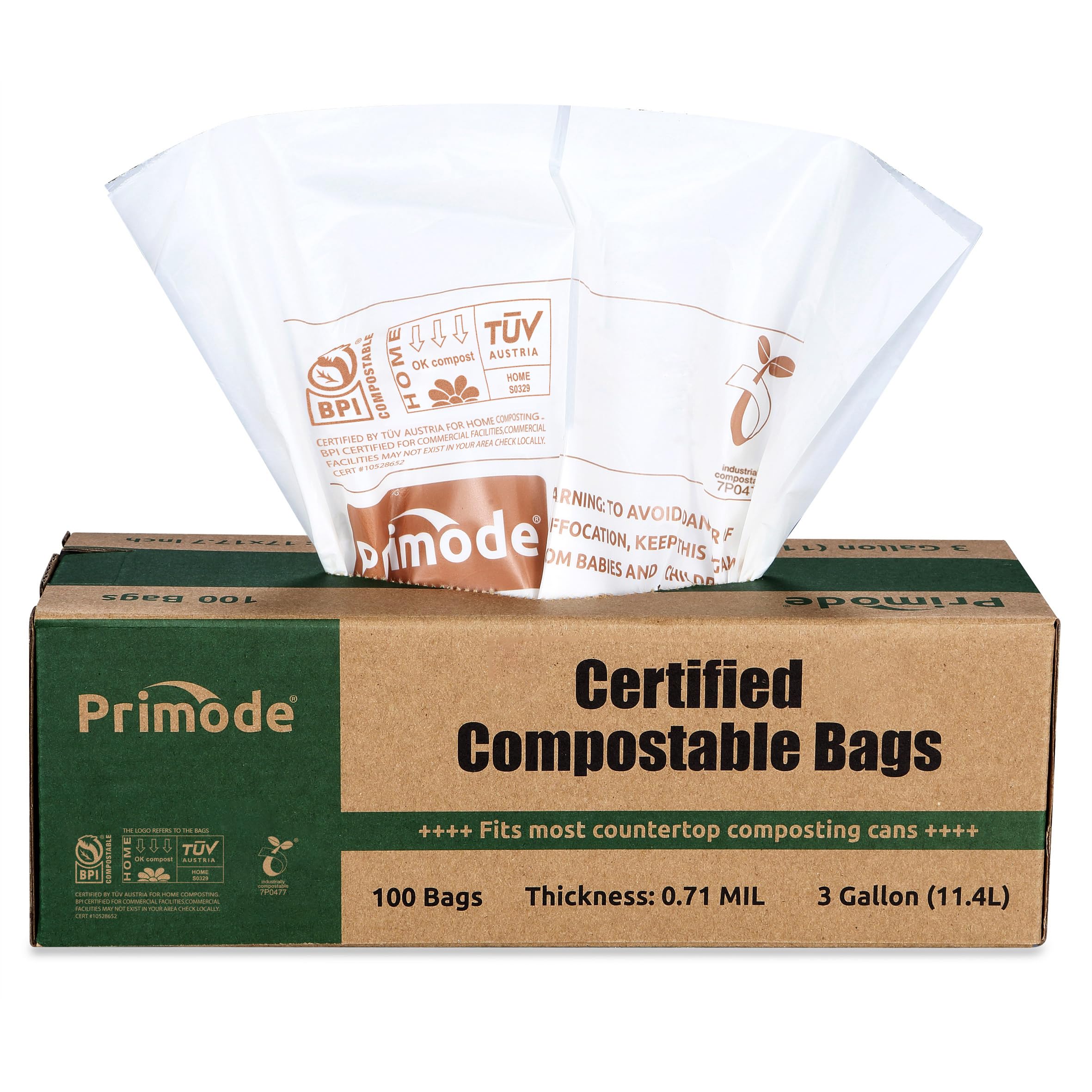 Primode 3 Gallon Compostable Trash Bags - 100 Count Extra Thick 0.71 Mil Kitchen Waste Bags for Food Scraps & Yard Waste | BPI & TÜV AUSTRIA Certified (ASTMD6400) | Perfect for Eco-Friendly Home Composting & Organic Waste Disposal
