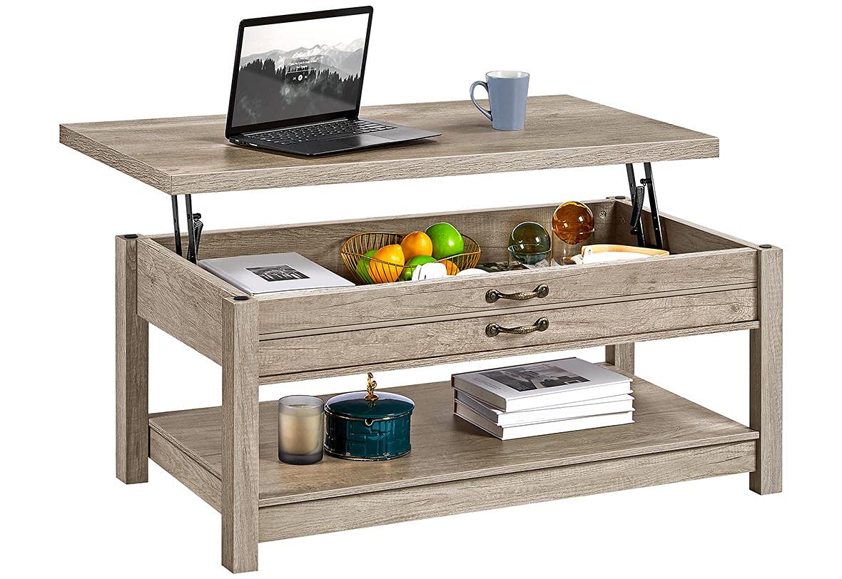 Yaheetech 43-inch Lift Top Coffee Table with Hidden Storage Compartment & Shelf - Grey Modern Pop-Up Tabletop for Living Room, Dining, or Reception Areas - Perfect for Small Spaces, Entertaining, and Multi-Functional Use
