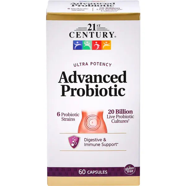 21st Century Advanced Probiotics Capsules - 60 Count for Digestive Health & Immune Support - Supports Gut Flora Balance for Men & Women - Daily Supplement for Travel & Active Lifestyle