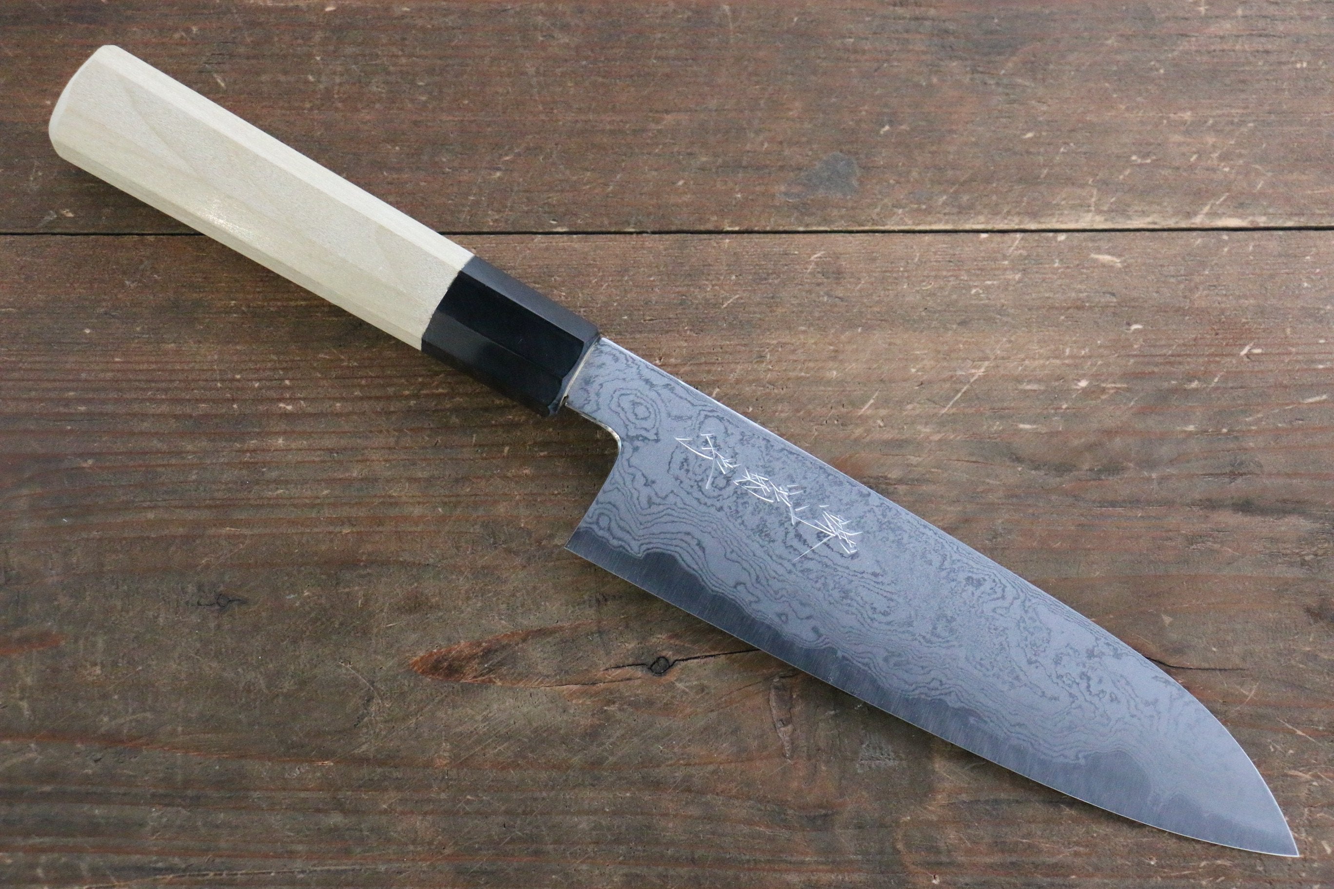 Premium Kikumori Blue Steel No.1 Damascus Santoku Knife 180mm with Magnolia Wood Handle - Japanese Chef Knife for Slicing, Dicing & Chopping Vegetables, Meat & Fish