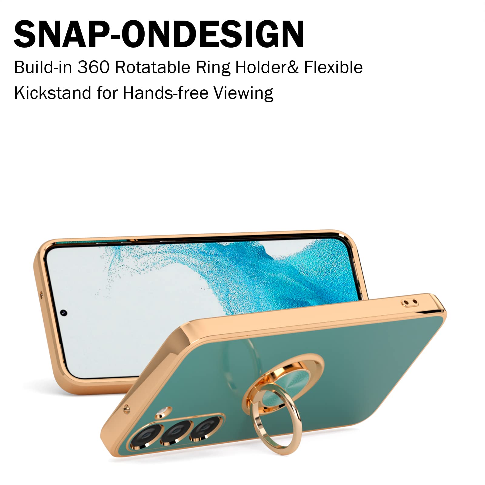 Samsung Galaxy S23 Phone Case with Ring Holder & 360° Kickstand - Rose Gold Edge, Slim Soft TPU Protective Cover + 2 Screen Protectors (Grey) - Perfect for Women's Daily Use, Work & Travel