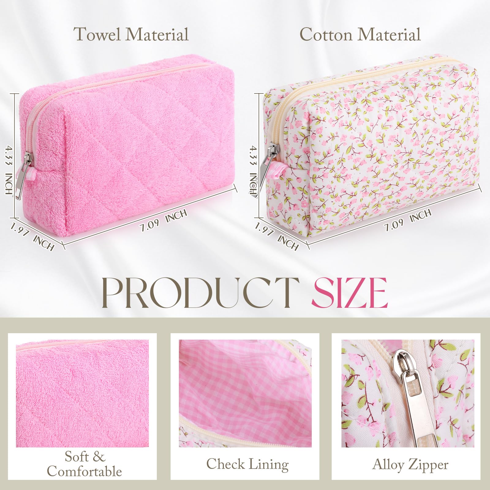 Paterr 2-Pack Cotton Quilted Makeup Bags - Floral & Checkered Plush Cosmetic Pouches with Zipper | Coquette Aesthetic Toiletry Organizer for Travel, Gym & Daily Essentials Storage