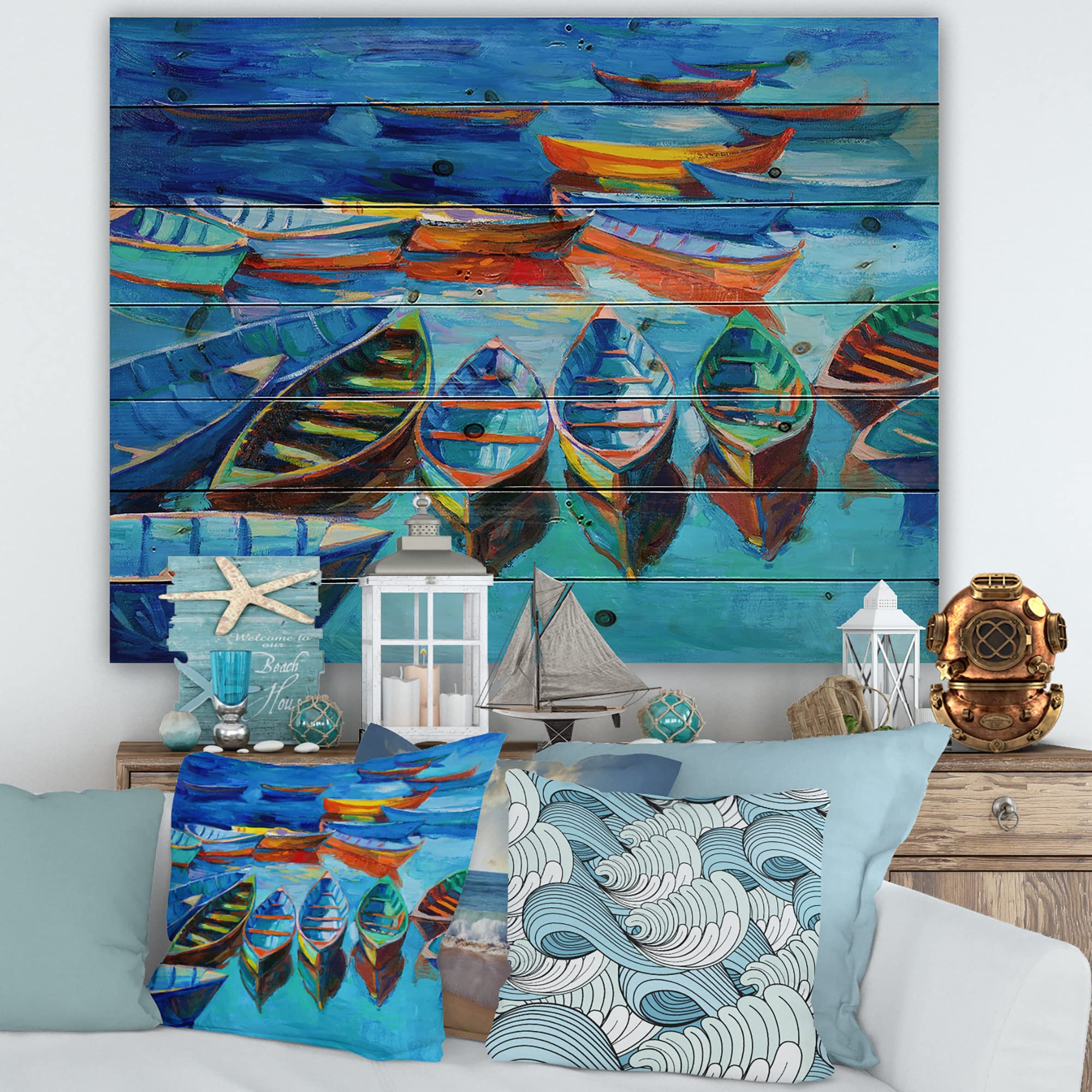 DesignQ Little Boats Waiting in the Harbor - Nautical & Coastal Wood Wall Decor, Blue Wood Wall Art, Large Transportation Wood Panels Printed on Natural Pine - Perfect for Beach House, Living Room, or Office Decoration