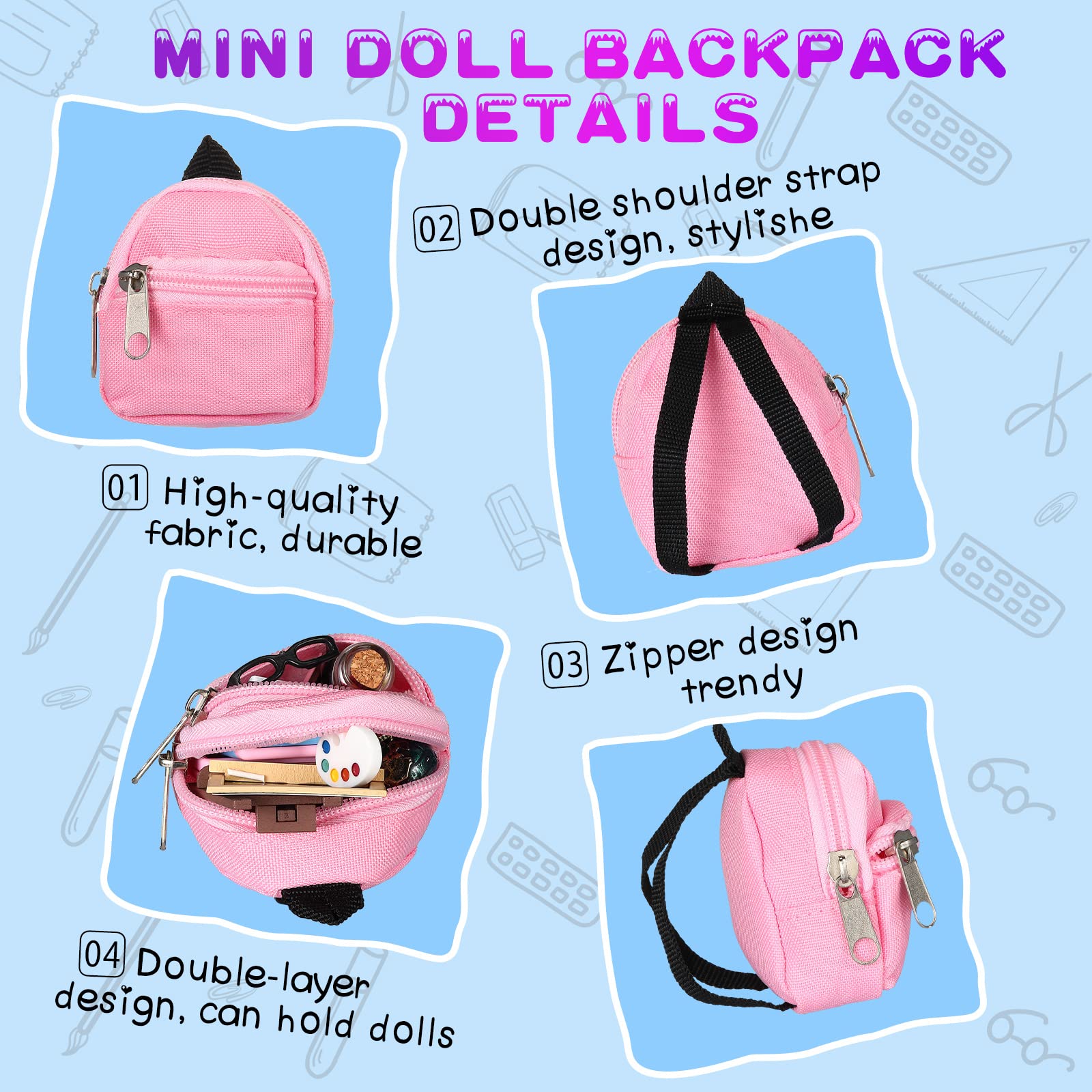 HyDren 23-Piece Mini Doll School Supplies Set - Includes Backpack, Blackboard, Glasses, Books & More - Perfect for Doll Play, Classroom Pretend Play & DIY Dollhouse Accessories
