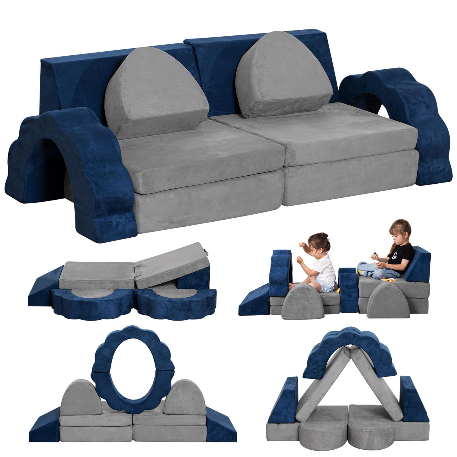 10PCS Kids Modular Foam Sofa Set - Convertible Toddler Play Couch for Boys & Girls, Grey & Blue (YME0008) | Indoor Playroom Furniture for Creative Play & Imaginative Fun