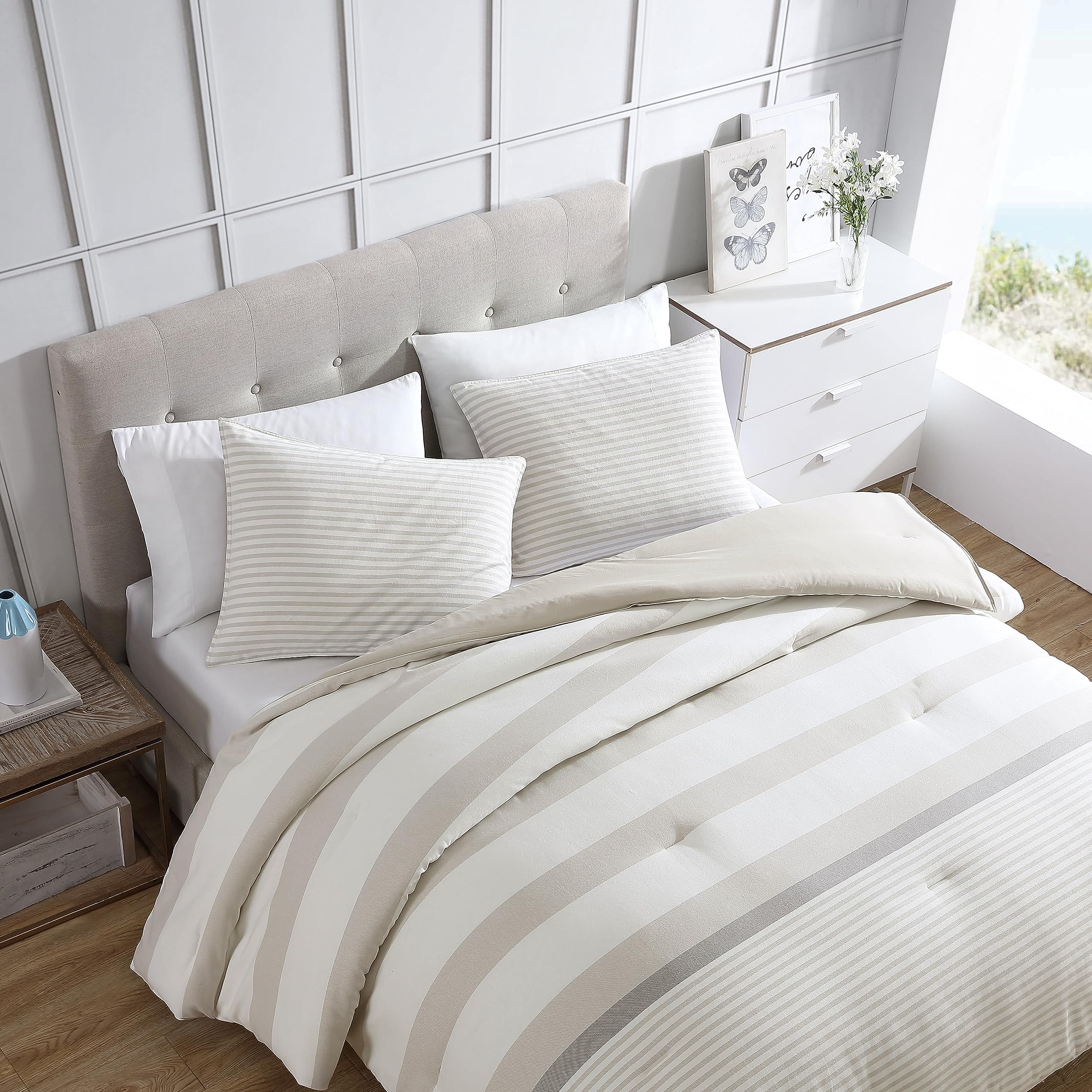 Nautica Queen Comforter Set - 100% Cotton Reversible Bedding with Matching Shams | All-Season Luxury Bedding for Master Bedroom & Guest Room (Saybrook Beige, Queen Size)
