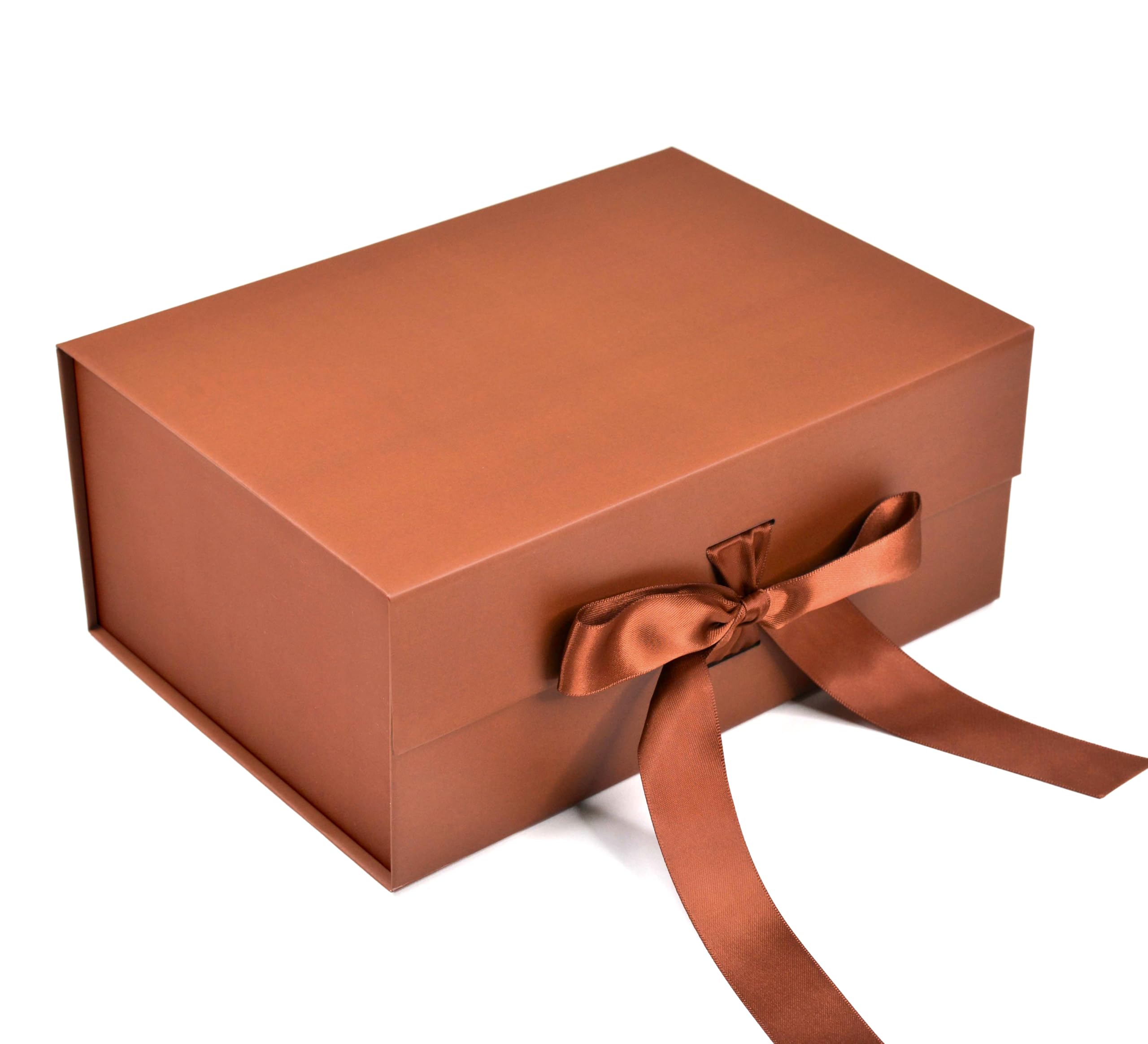 Rigid Brown Folding Gift Box with Ribbon (23x16x10cm) - 1 Pack | Scratch-Free Multipurpose Collapsible Hamper Box for Gifts, Jewelry, Cosmetics & Home Storage | Reusable Present Packaging for Birthdays, Weddings & Corporate Events