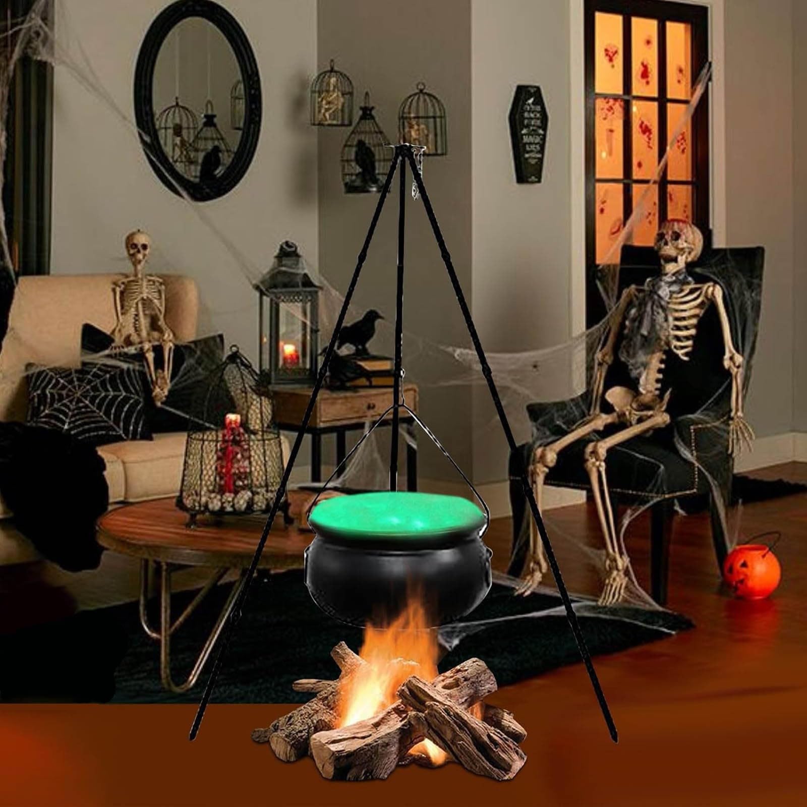 Large Black Plastic Halloween Witches Cauldron with Tripod & LED Lights - 130CM Outdoor/Indoor Decor for Porch, Yard & Halloween Party | Spooky Candy Bucket & Witch-Themed Decoration