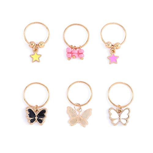 6PCS Gold Star Butterfly Hair Rings - Box Braid Clips with African Beads - Dreadlock Charms Jewelry for Black Women & Girls - Perfect for Protective Styles, Braids, and Natural Hair Accessories