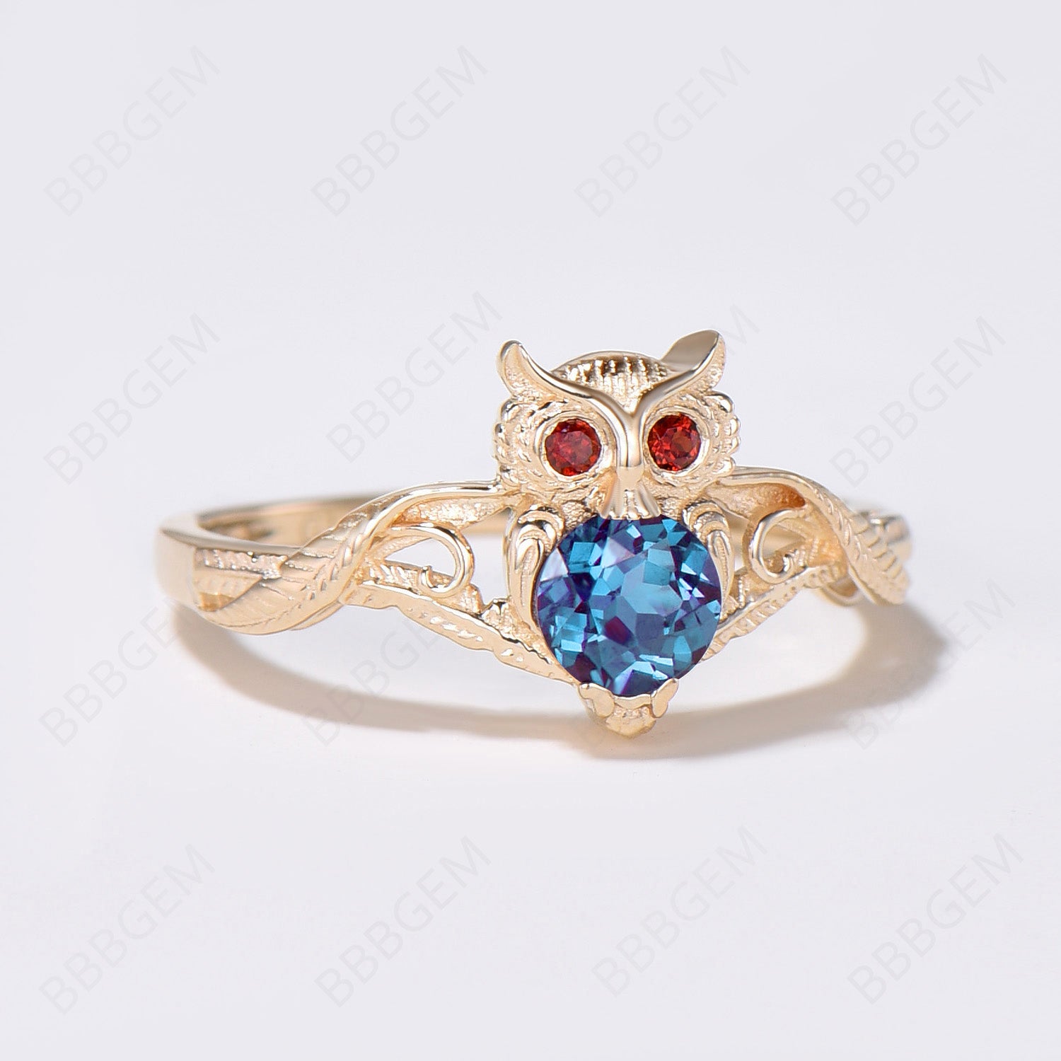 Owl Engagement Ring - Twig Vine Round Alexandrite Garnet Wedding Band for Women | Perfect for Nature-Inspired Proposals & Anniversary Gifts