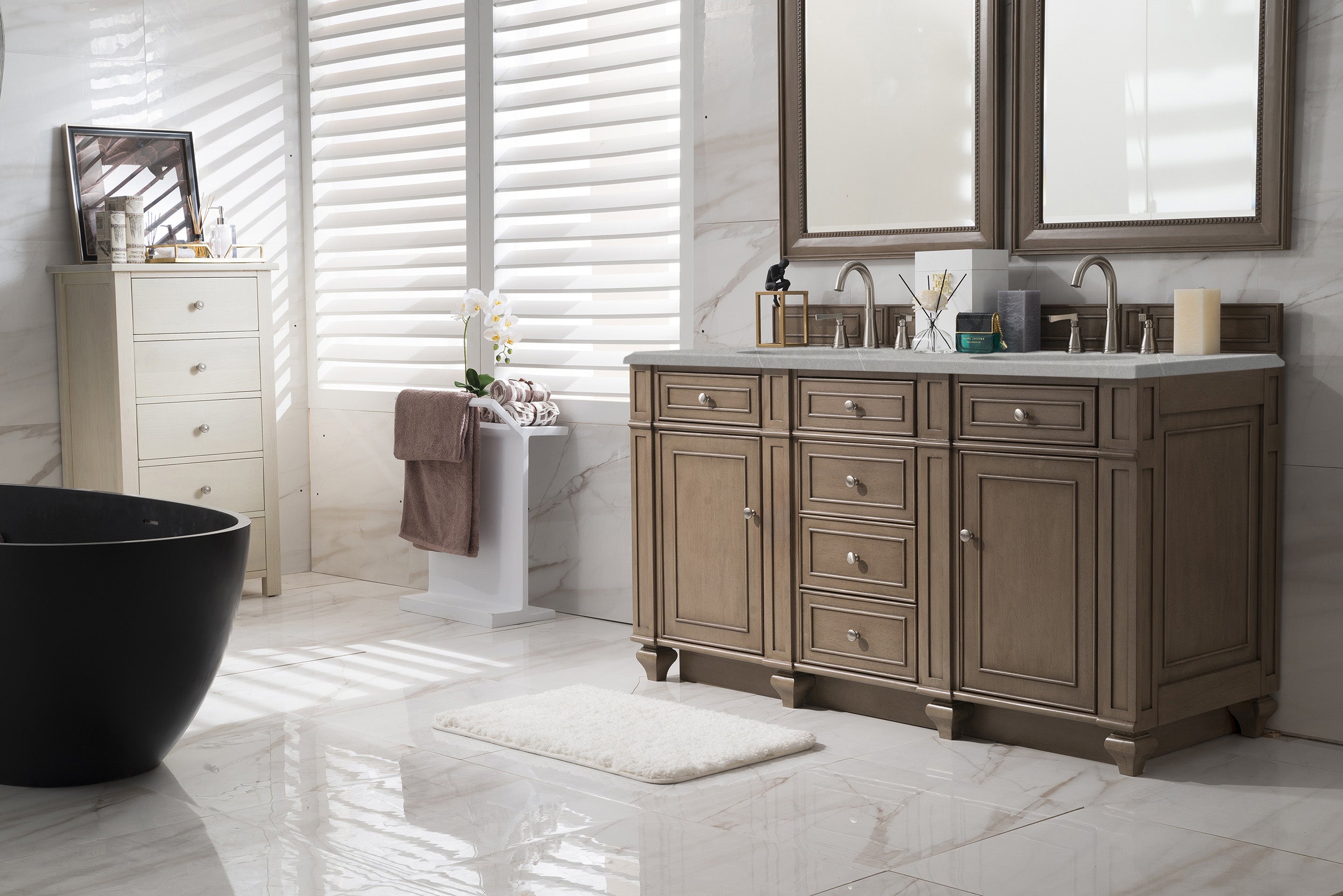 Bristol 60 Inch Double Bathroom Vanity with Whitewashed Walnut Finish & 3CM Eternal Serena Quartz Countertop - Perfect for Master Bathroom, Guest Bath, or Modern Home Renovation