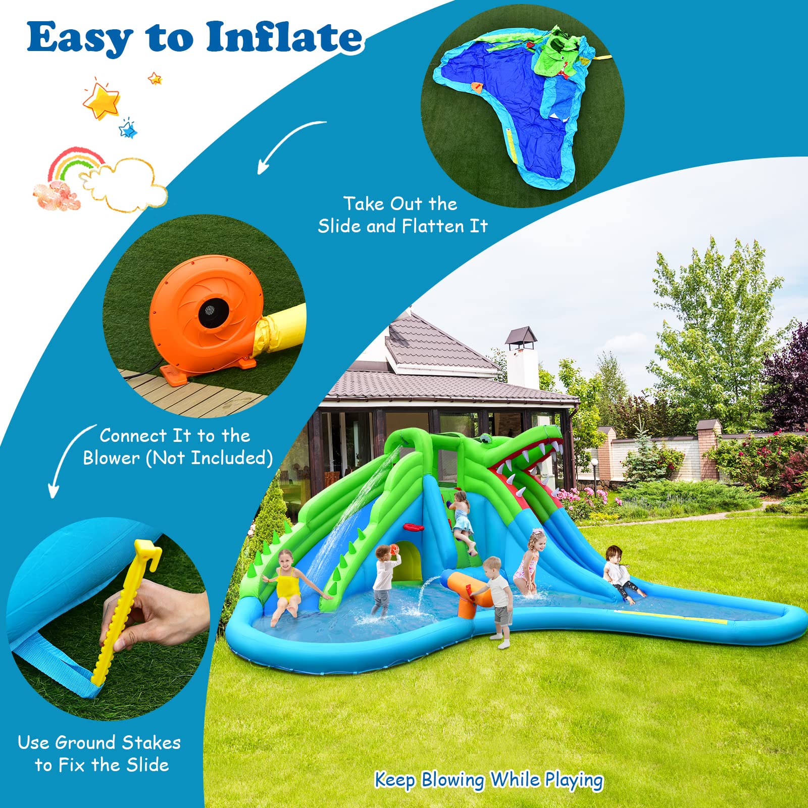 **HONEY JOY 7-in-1 Inflatable Water Slides for Kids - Crocodile Splash & Slide Water Park with Climbing Wall, Long Slide, Crawl Tunnel & Splash Pool - Outdoor Blow Up Water Park for Backyard (Blower Not Included) - Perfect for Summer Parties, Family Fun & Backyard Adventures**